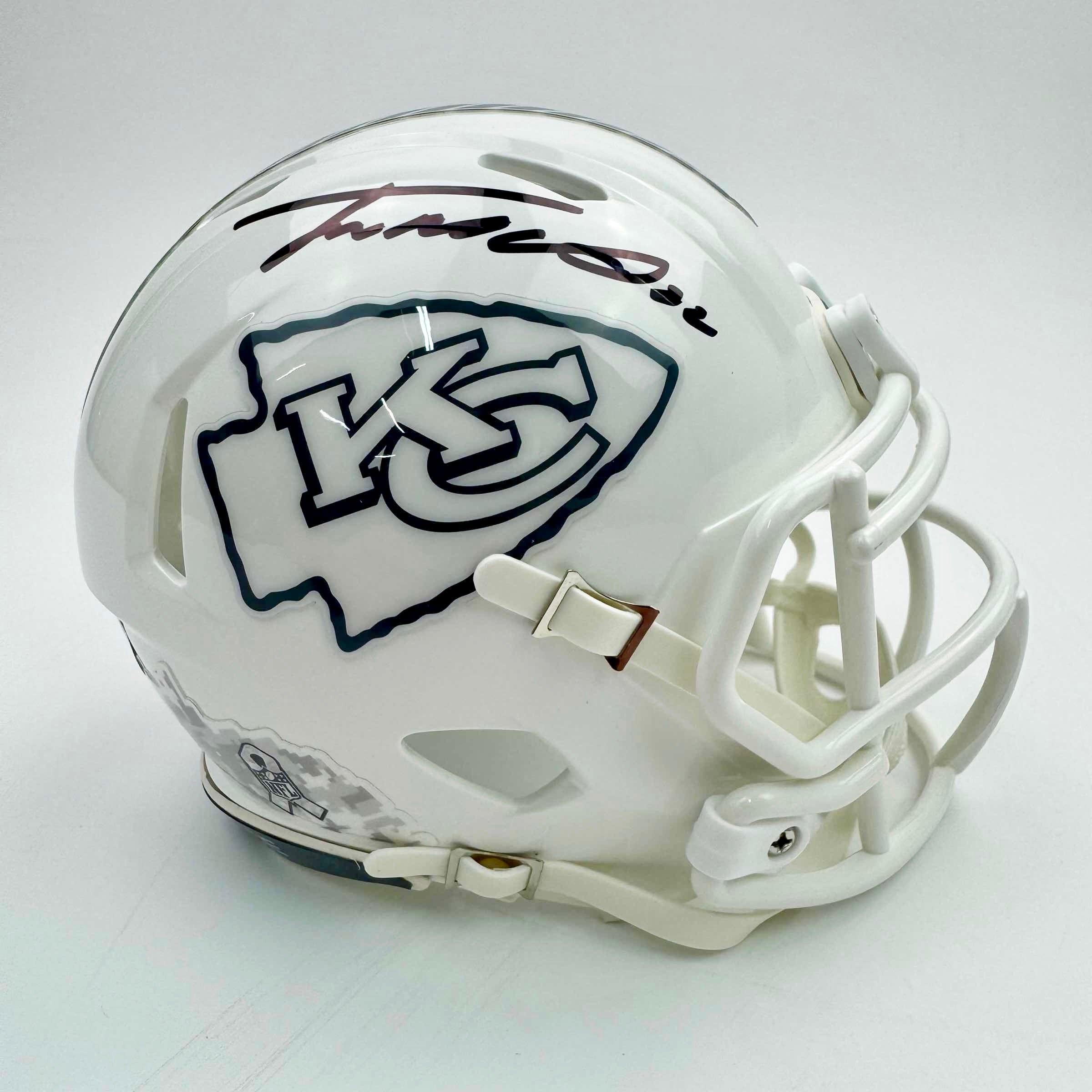 Autographed/Signed Trent McDuffie Kansas City Chiefs White Salute to Service Mini Football Helmet Beckett BAS COA