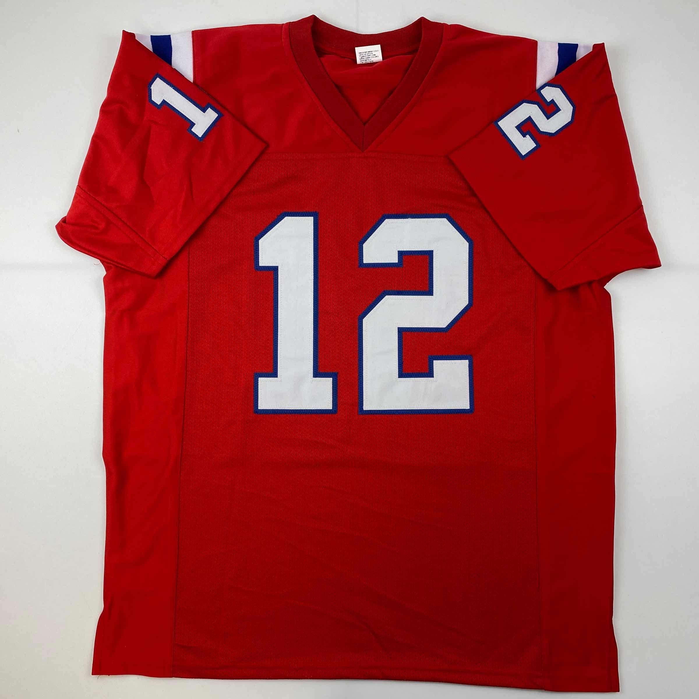 Facsimile Autographed Tom Brady New England Red Reprint Laser Auto Football Jersey Size Men's XL