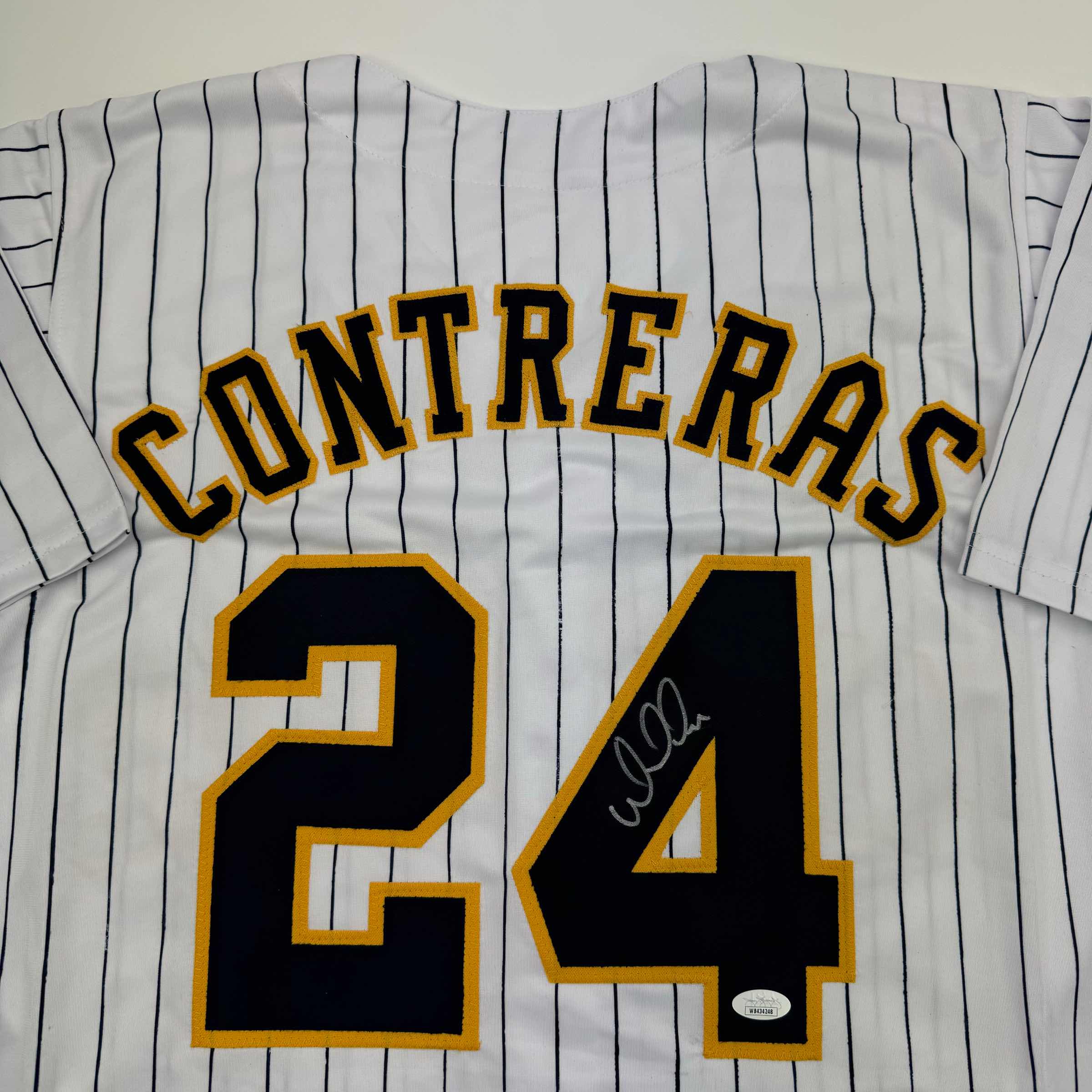 Autographed/Signed William Contreras Milwaukee Pinstripe Baseball Jersey JSA COA