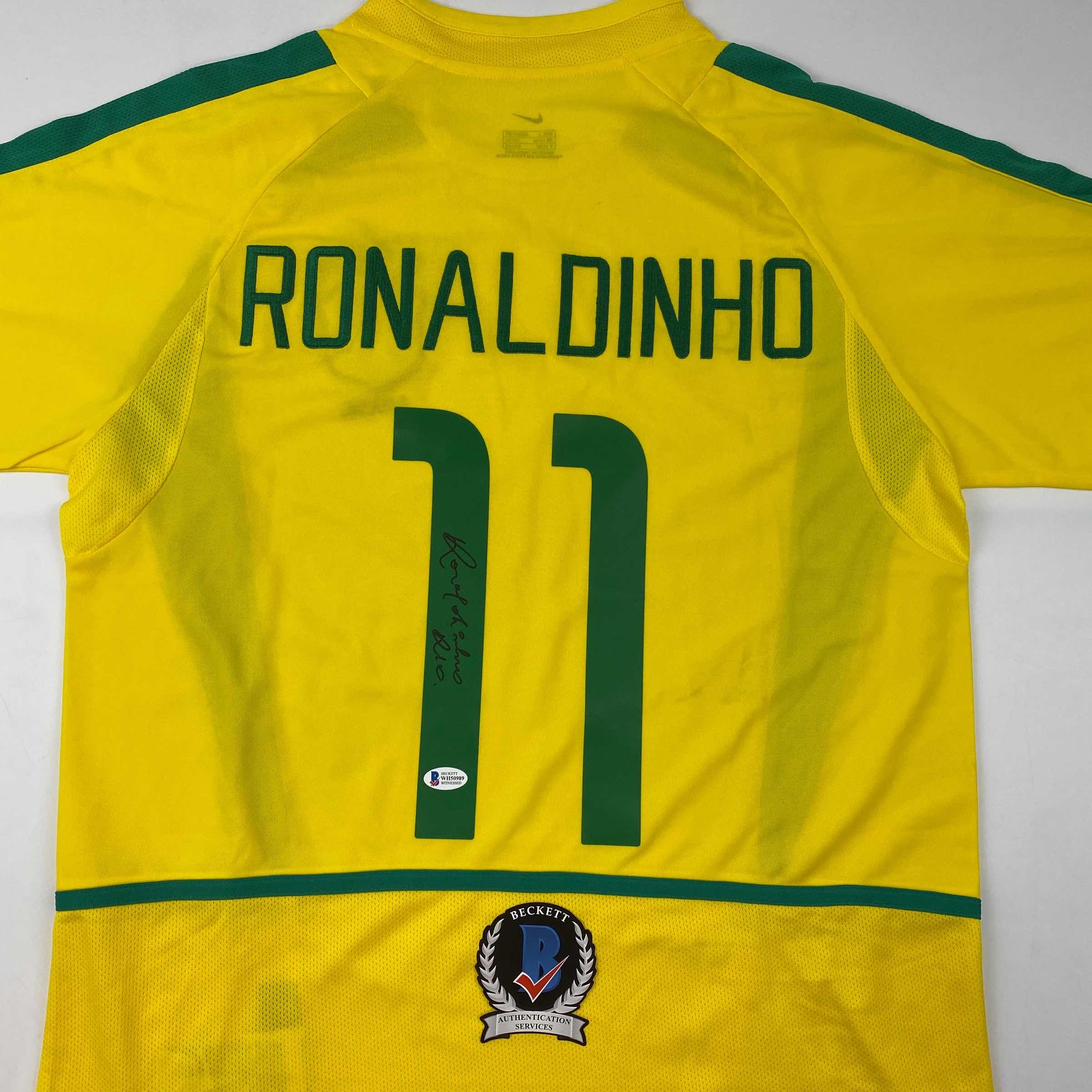 Autographed/Signed Ronaldinho Brazil Yellow Soccer Futbol Jersey Beckett BAS COA