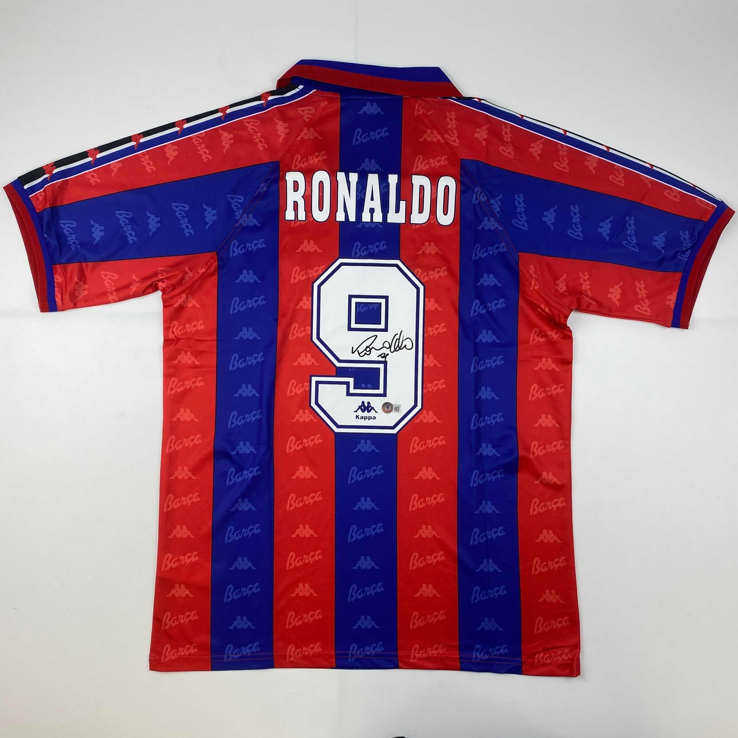 Autographed/Signed Ronaldo Nazario FC Barcelona Red/Blue Soccer Jersey Beckett BAS COA