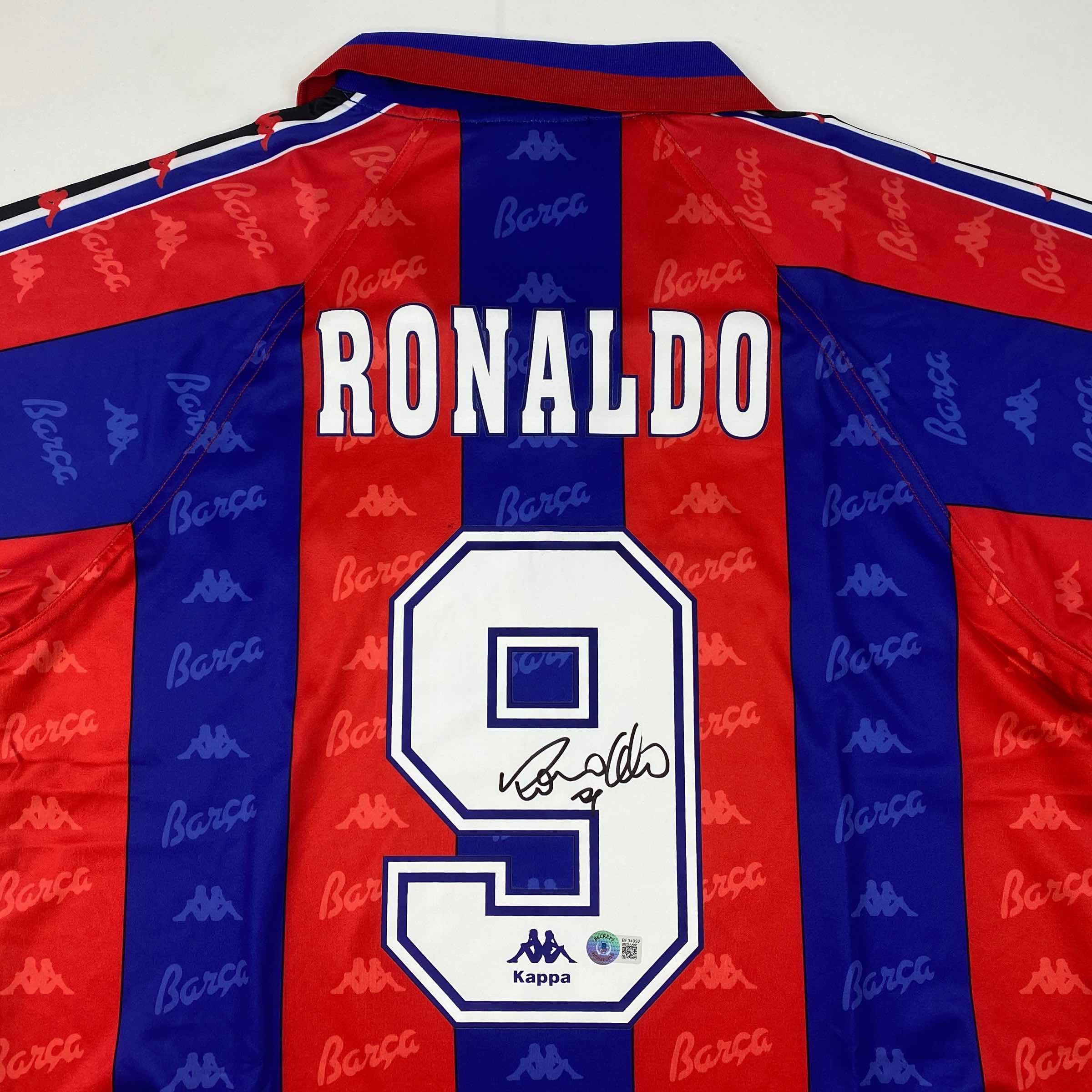 Autographed/Signed Ronaldo Nazario FC Barcelona Red/Blue Soccer Jersey Beckett BAS COA