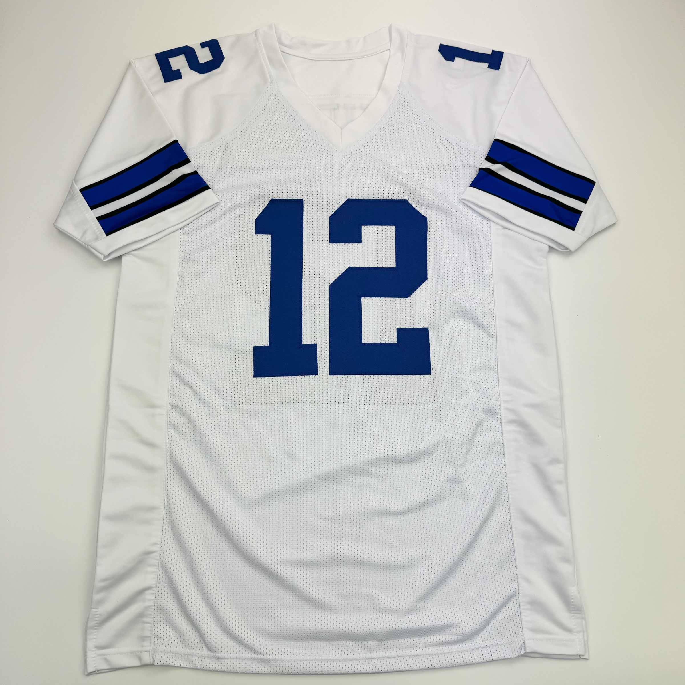 Autographed/Signed Roger Staubach Dallas White Football Jersey Beckett BAS COA