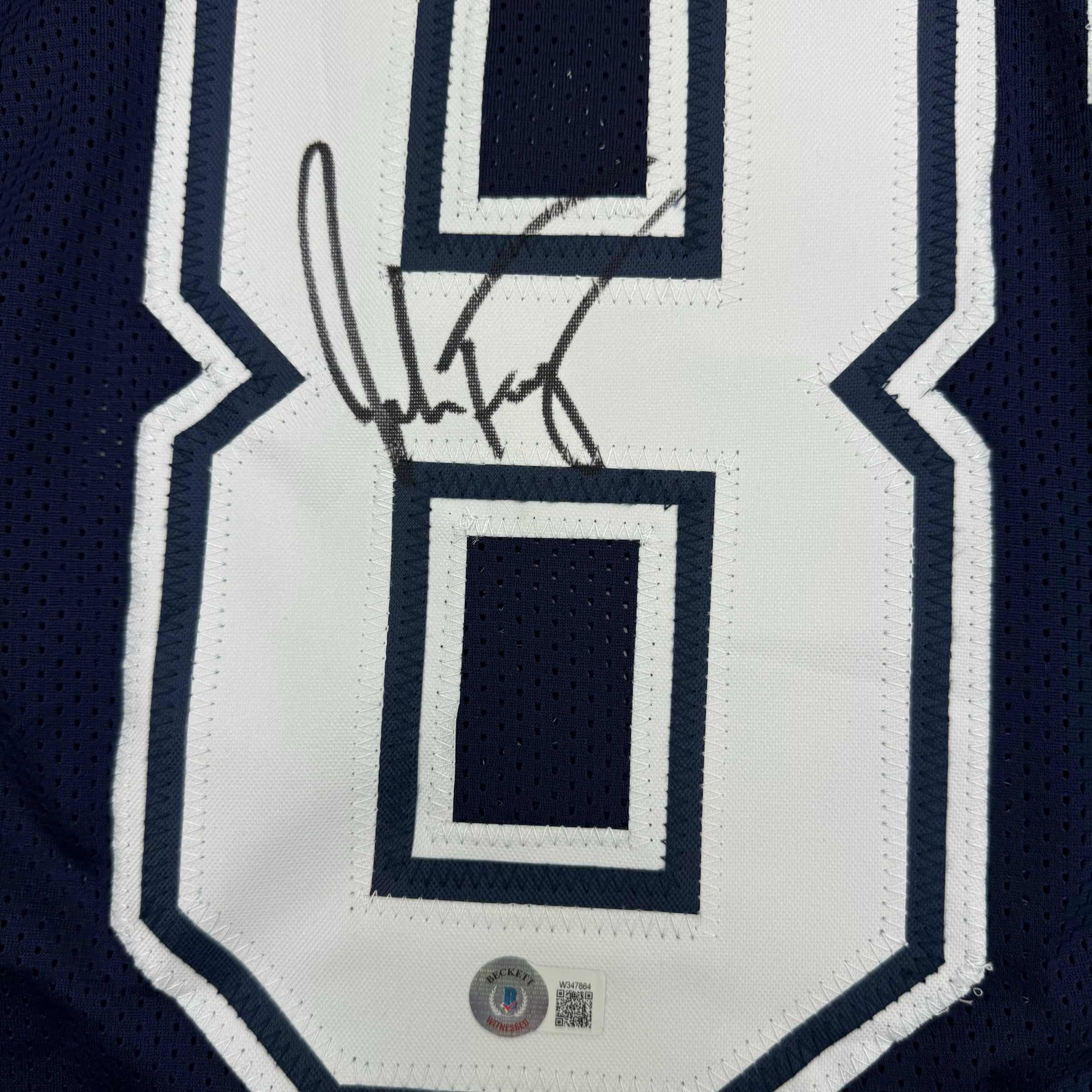 Framed Autographed/Signed Jake Ferguson 35x39 Dallas Blue Football Jersey Beckett BAS COA
