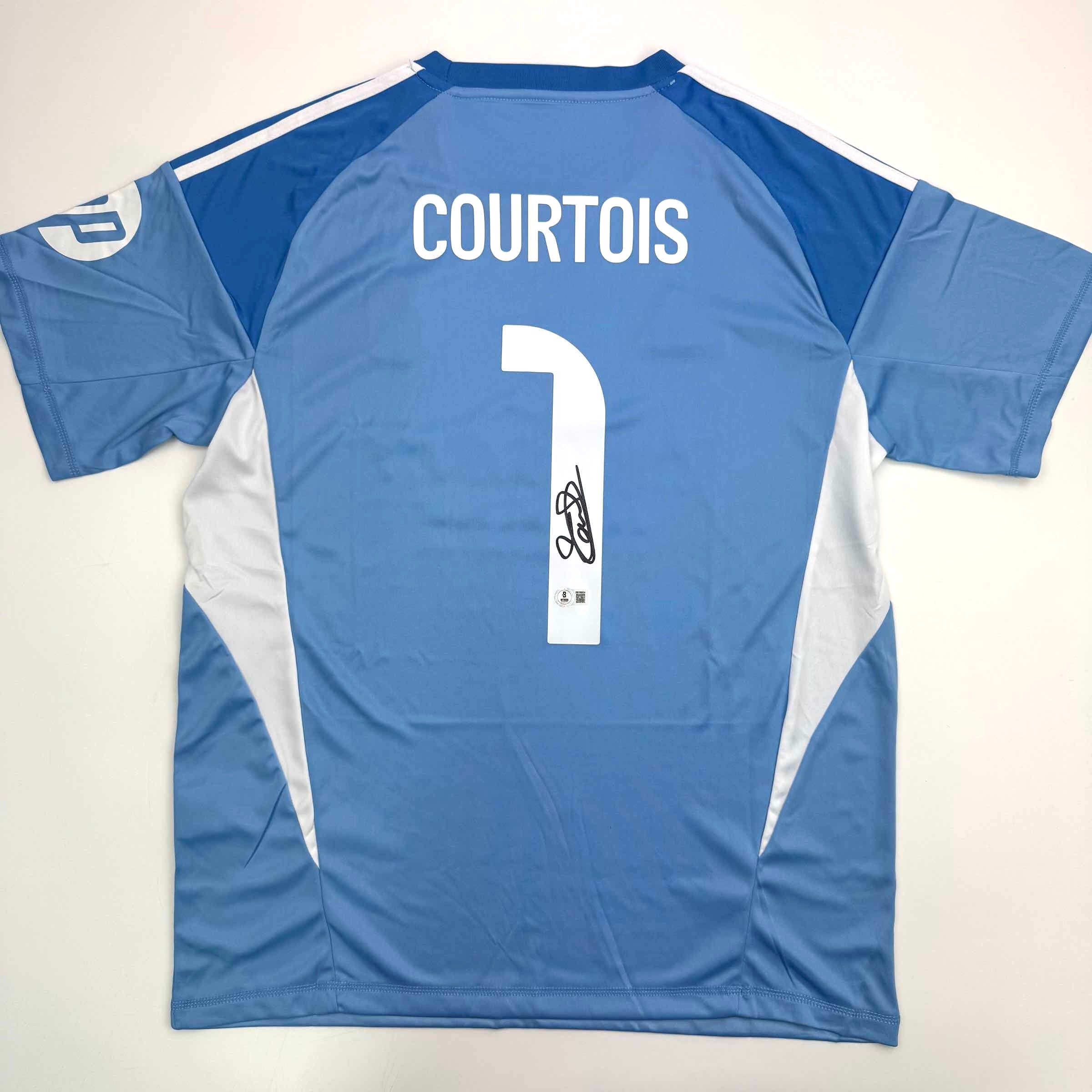 Autographed/Signed Thibaut Courtois Real Madrid Blue Soccer Jersey Beckett BAS COA