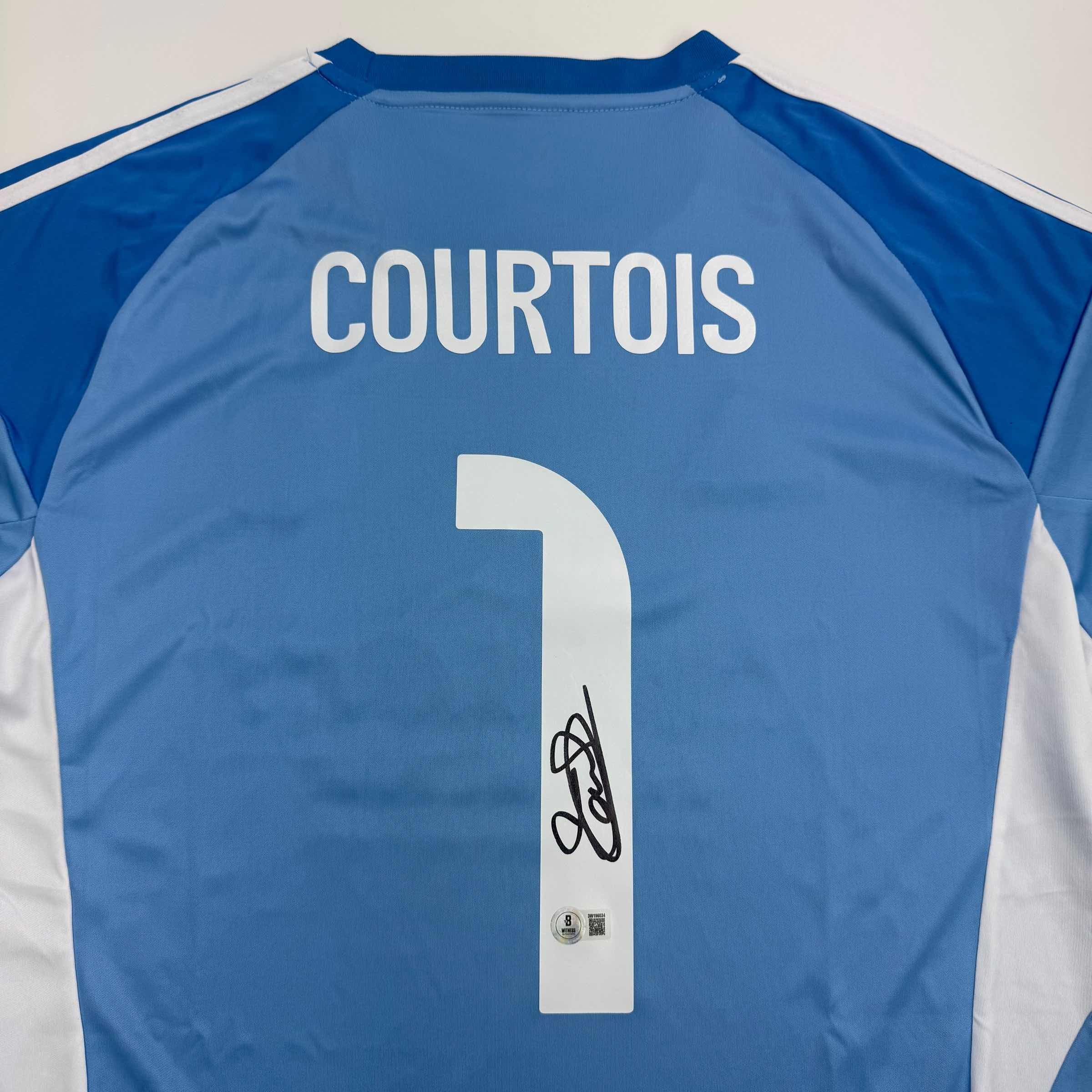 Autographed/Signed Thibaut Courtois Real Madrid Blue Soccer Jersey Beckett BAS COA