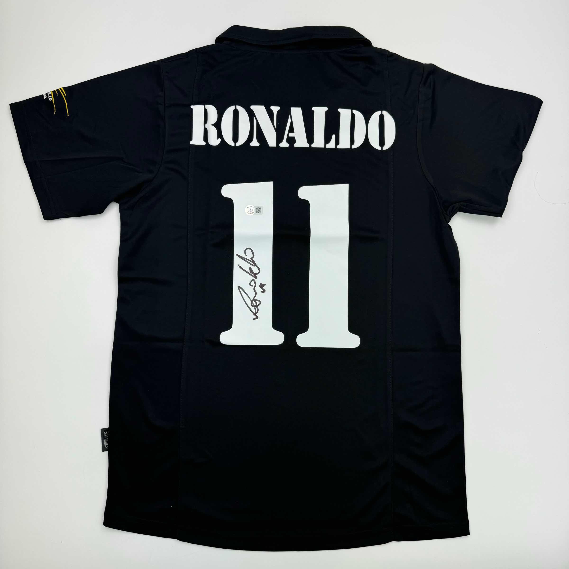Autographed/Signed Ronaldo Nazario Real Madrid Black Soccer Jersey Beckett BAS COA
