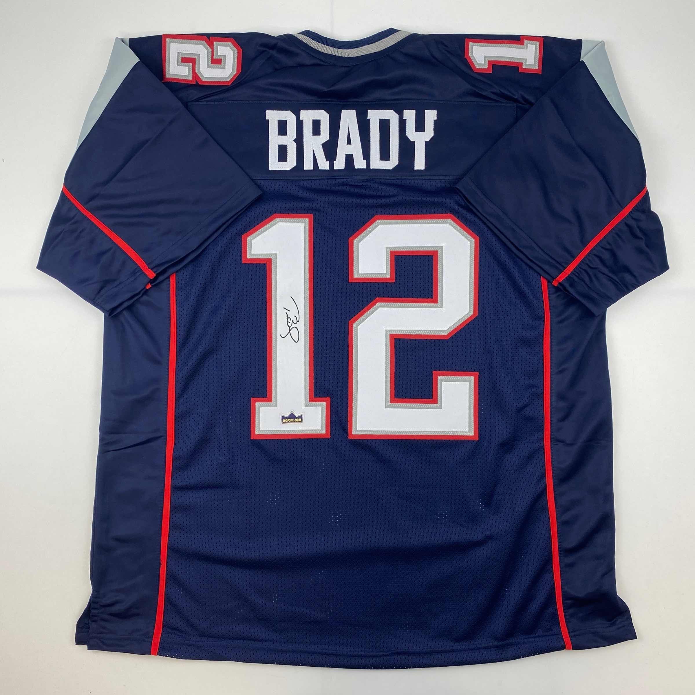 Facsimile Autographed Tom Brady New England Blue Reprint Laser Auto Football Jersey Size Men's XL
