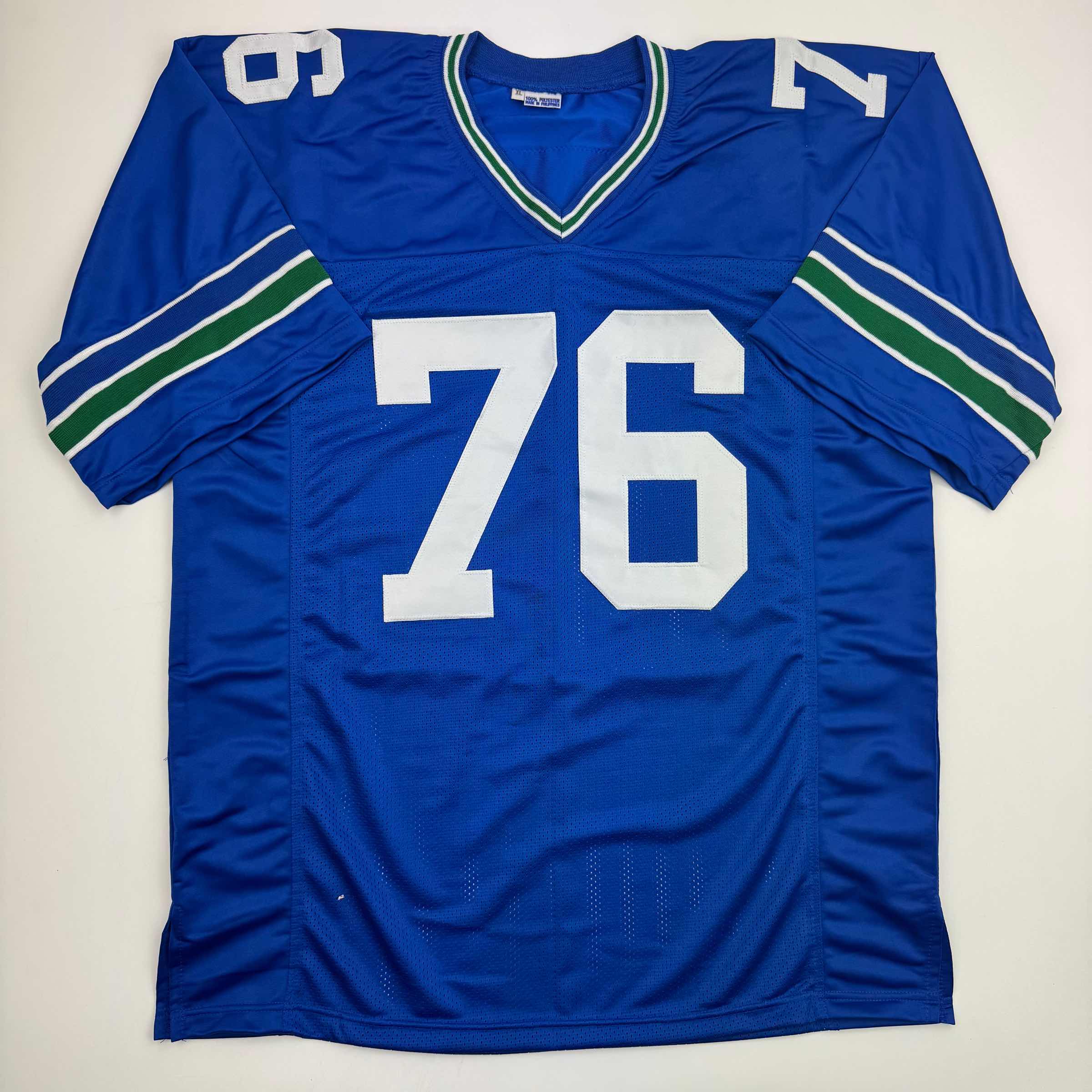 Autographed/Signed Steve Hutchinson HOF 20 Seattle Blue Football Jersey JSA COA