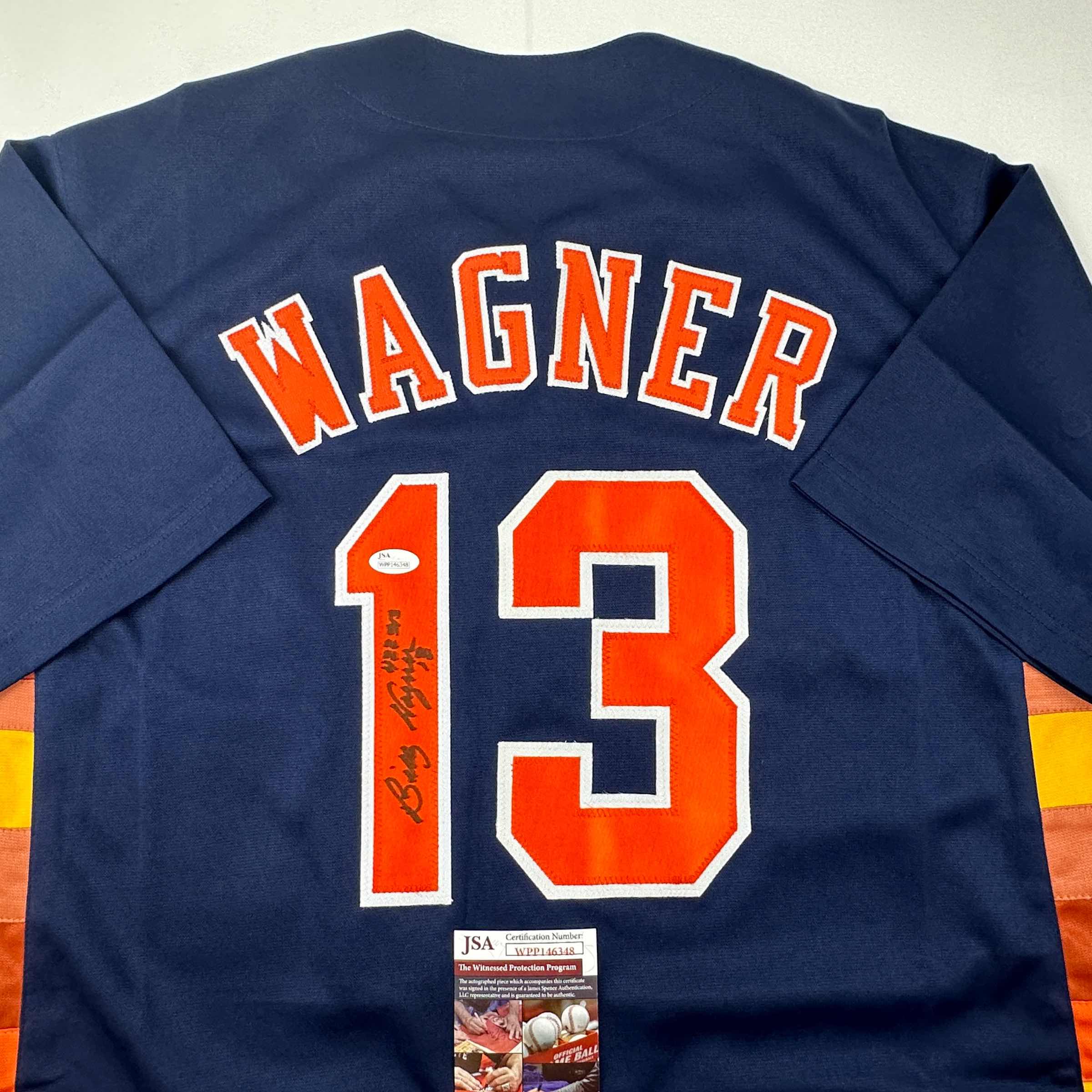 Autographed/Signed Billy Wagner 422 Saves Houston Blue Baseball Jersey JSA COA