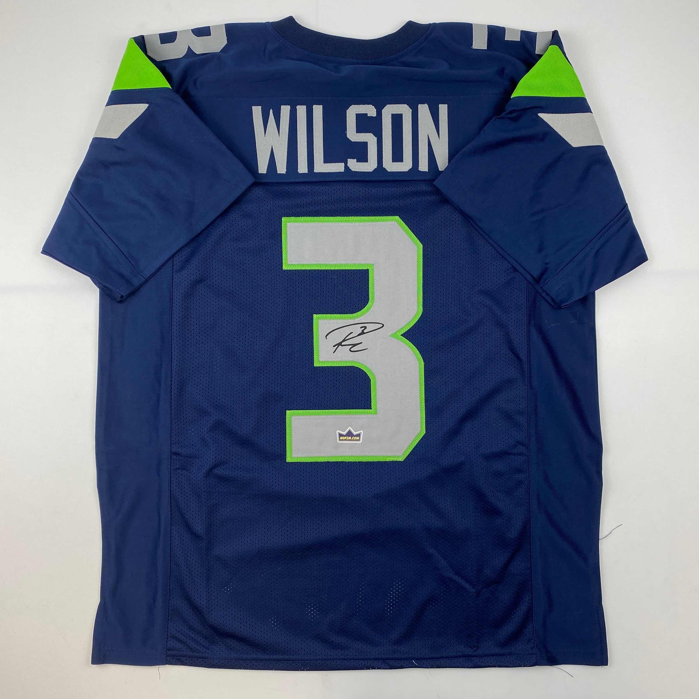 Facsimile Autographed Russell Wilson Seattle Blue Reprint Laser Auto Football Jersey Size Men's XL