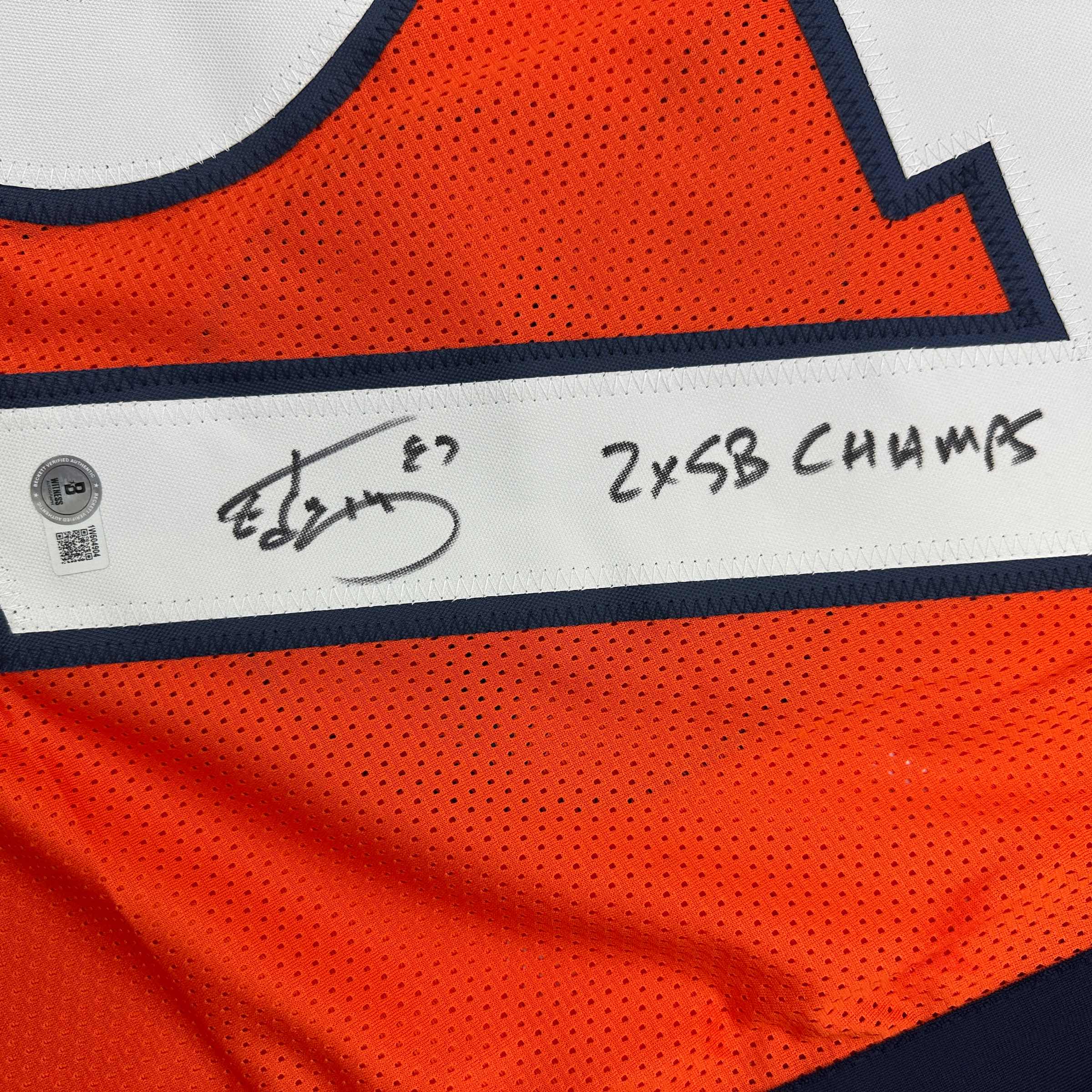 Autographed/Signed Ed McCaffrey 2x SB Champs Denver Orange Football Jersey Beckett BAS COA