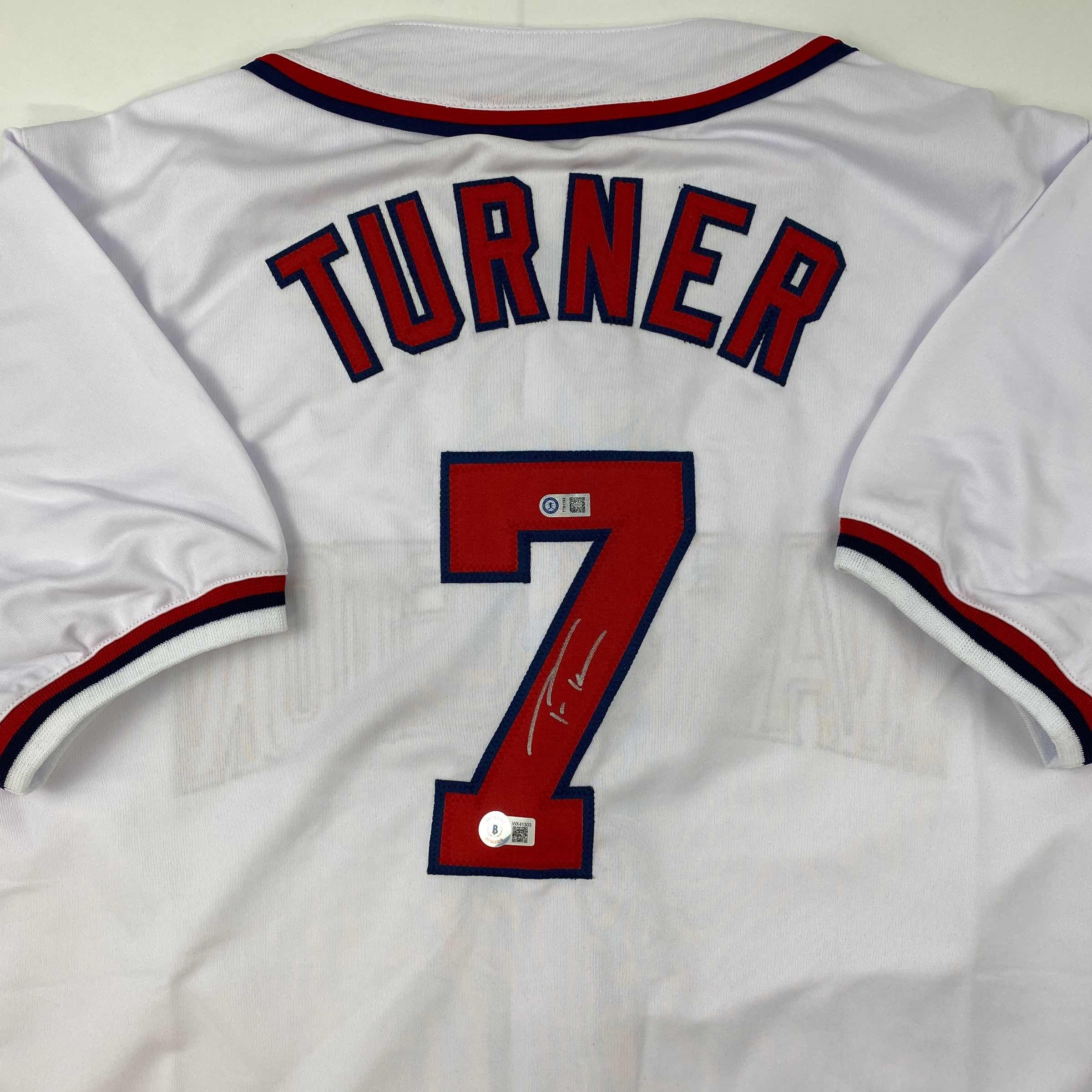 Autographed/Signed Trea Turner Washington White Baseball Jersey Beckett BAS COA