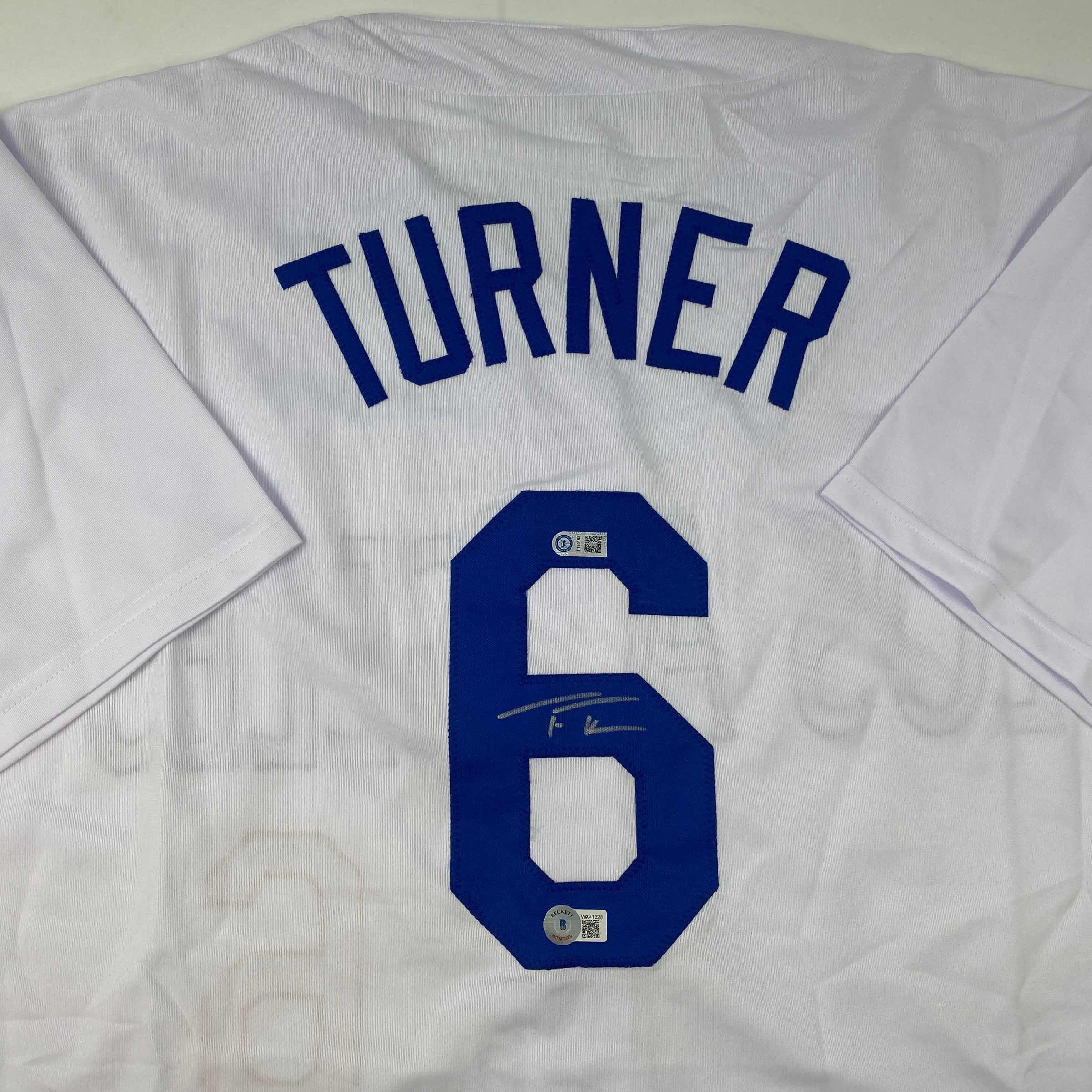 Autographed/Signed Trea Turner Los Angeles LA White Baseball Jersey Beckett BAS COA