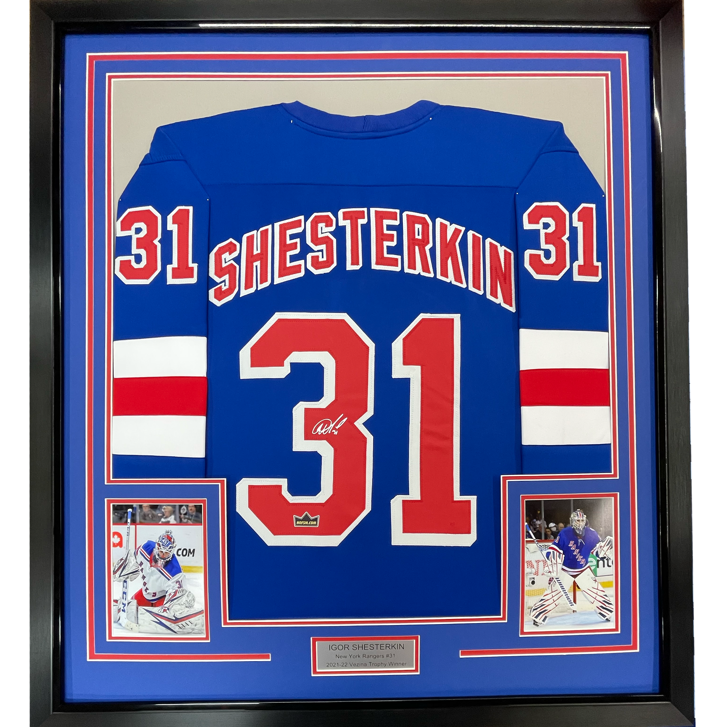 Framed Facsimile Autographed Igor Shesterkin 35x39 New York Blue Reprint Laser Auto Hockey Jersey