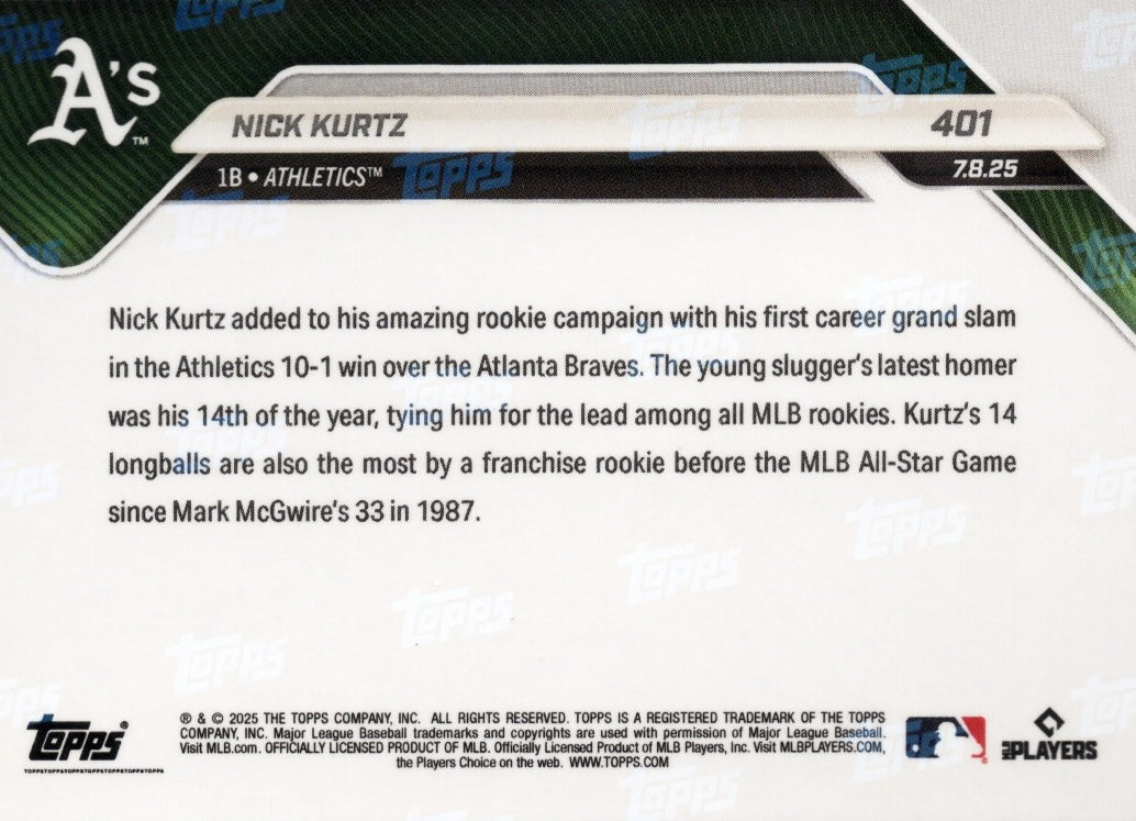 2025 Topps Now Nick Kurtz #401 Black Foil /10 Athletics Rookie RC Baseball Card
