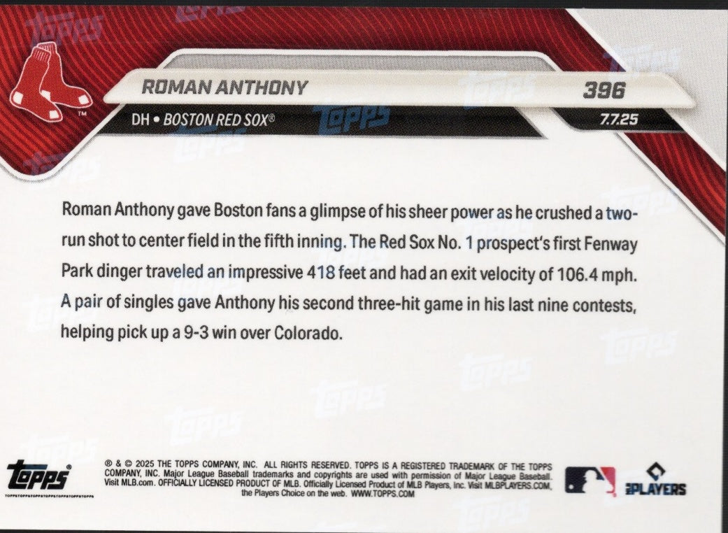 2025 Topps Now Roman Anthony #396 Orange Foil /25 Boston Red Sox Rookie RC Baseball Card