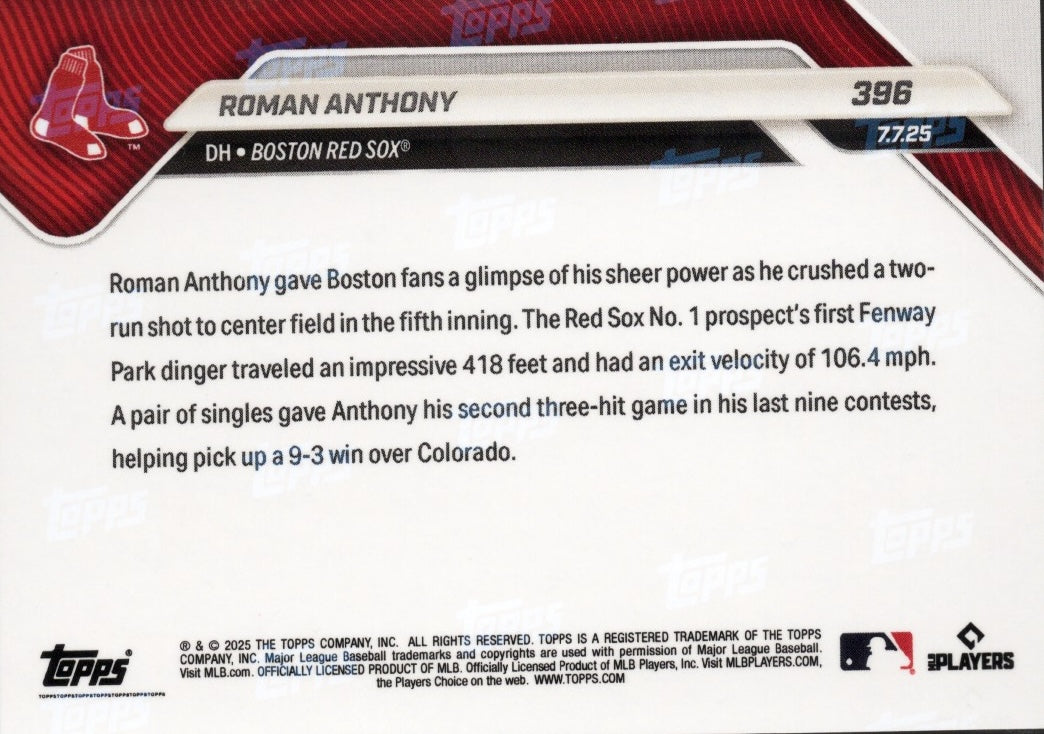 2025 Topps Now Roman Anthony #396 Gold Foil /50 Boston Red Sox Rookie RC Baseball Card