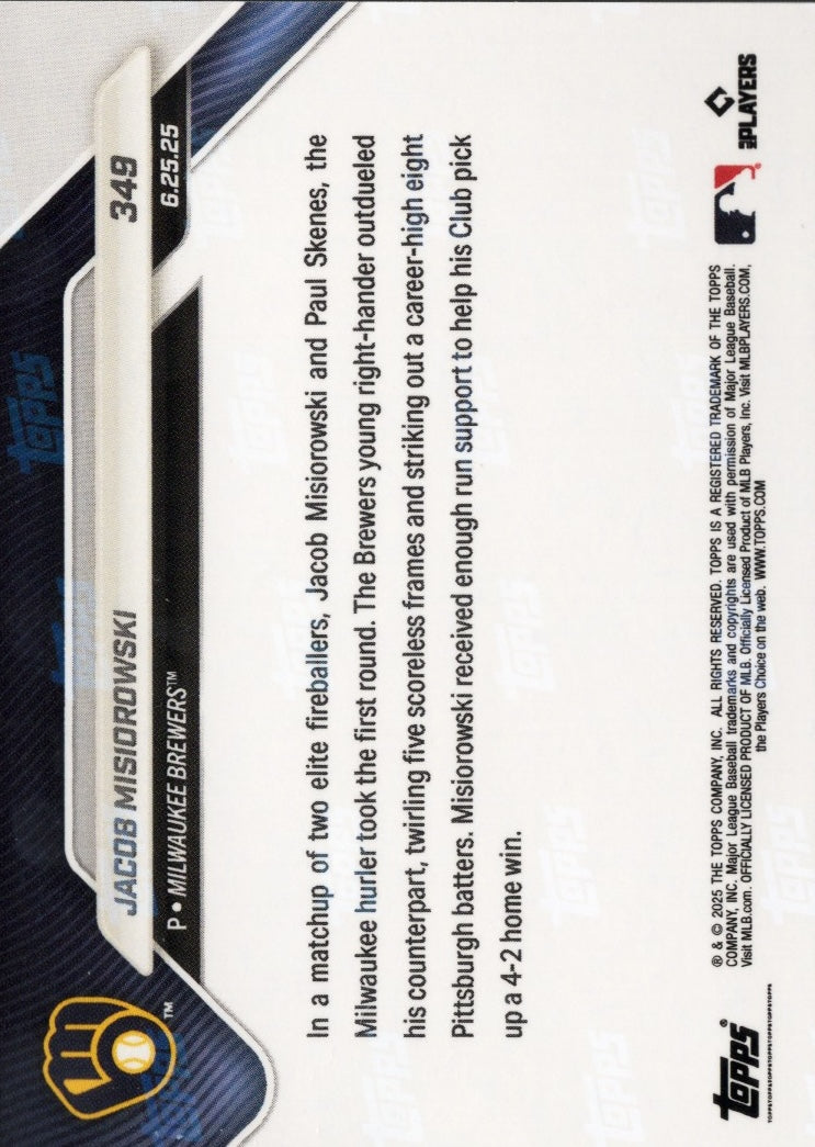 2025 Topps Now Jacob Misiorowski #349 Gold Foil /50 Milwaukee Brewers Rookie RC Baseball Card