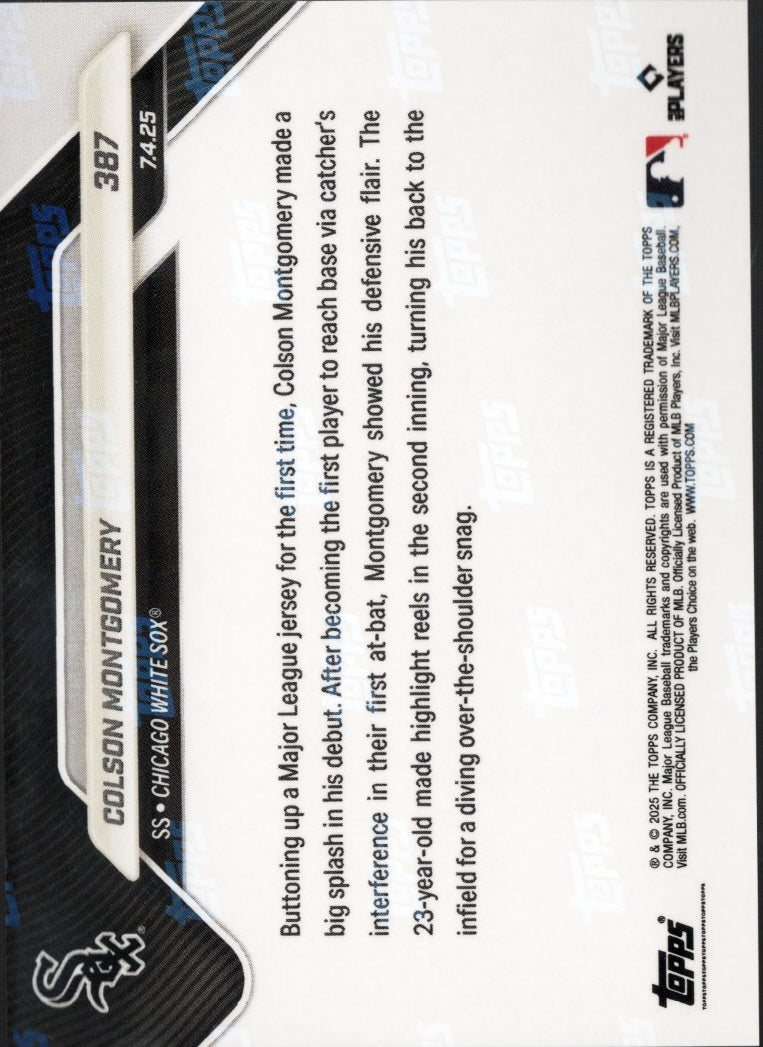 2025 Topps Now Colson Montgomery #387 Black Foil /10 Chicago White Sox Rookie RC Baseball Card