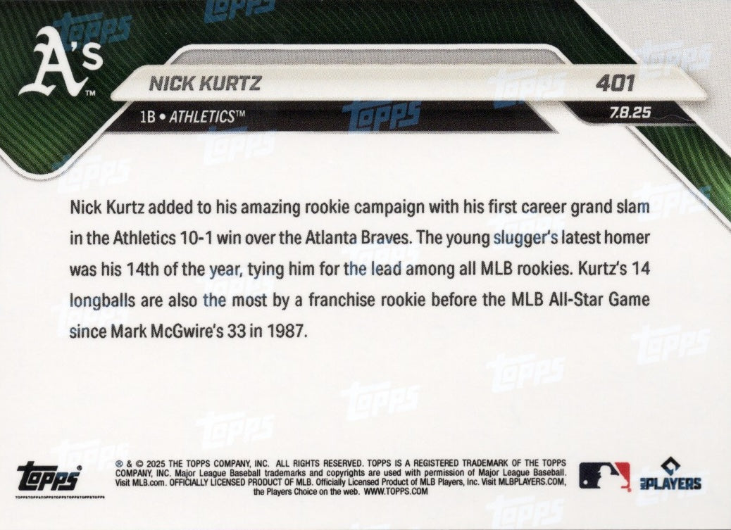 2025 Topps Now Nick Kurtz #401 Orange Foil /25 Athletics Rookie RC Baseball Card