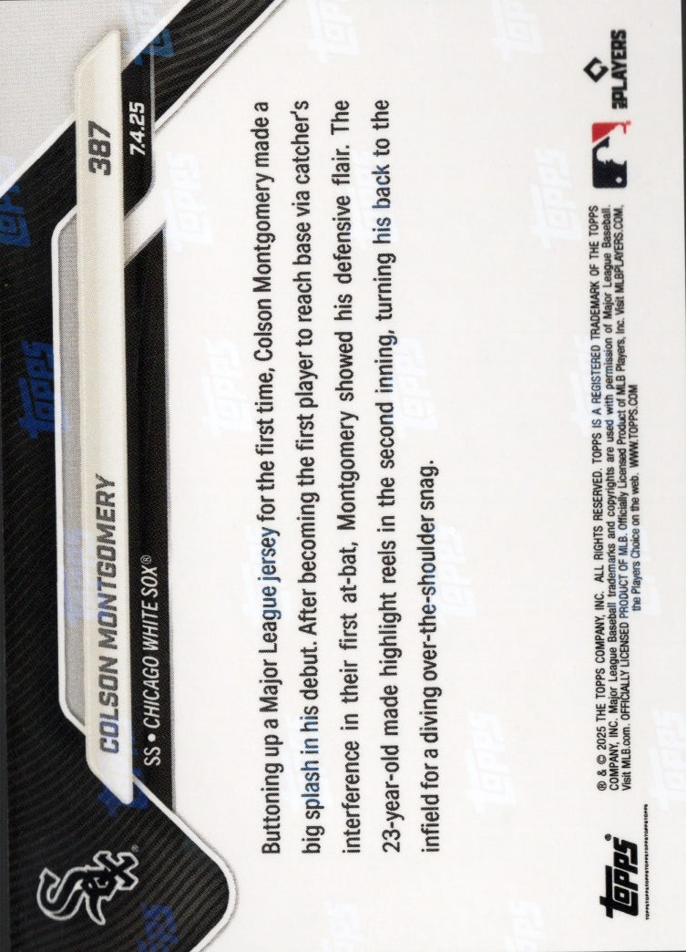 2025 Topps Now Colson Montgomery #387 Orange Foil /25 Chicago White Sox Rookie RC Baseball Card