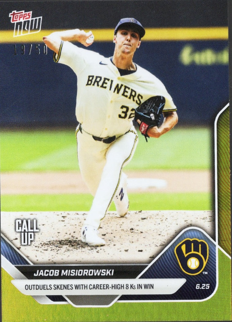 2025 Topps Now Jacob Misiorowski #349 Gold Foil /50 Milwaukee Brewers Rookie RC Baseball Card