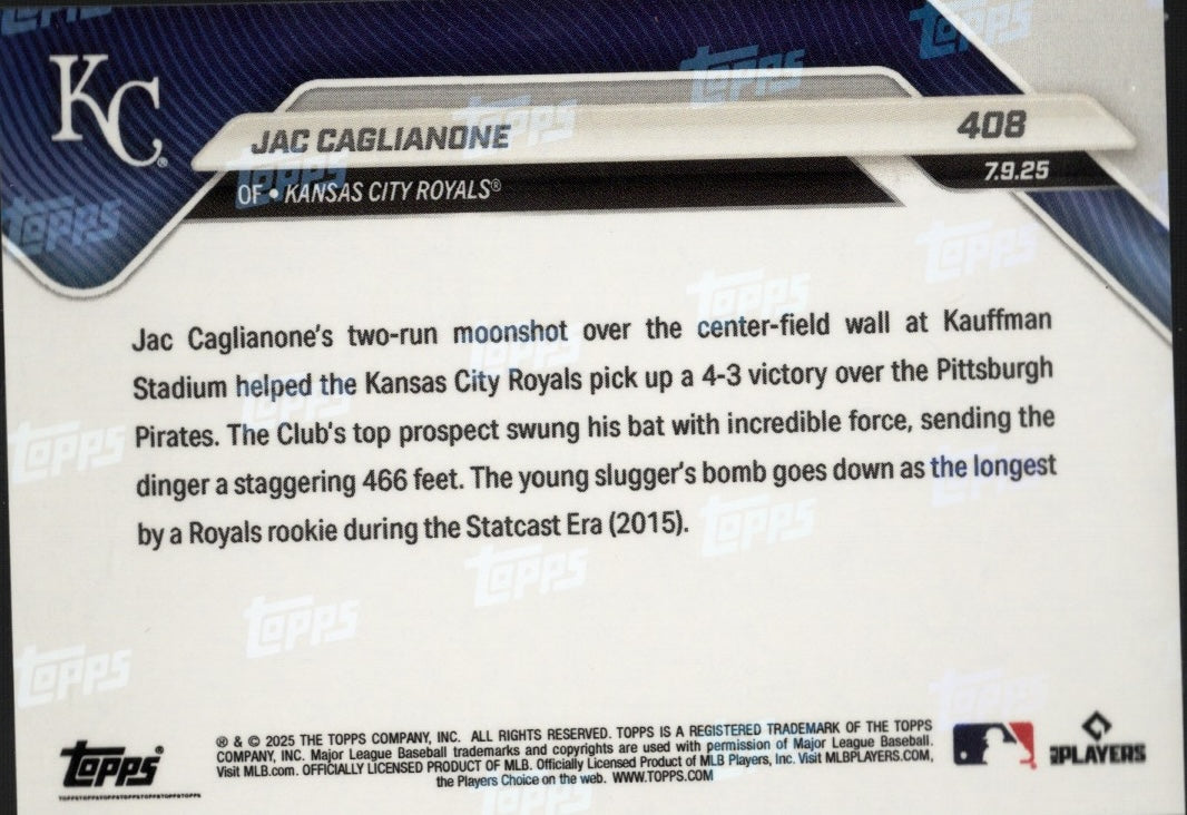 2025 Topps Now Jac Caglianone #408 Gold Foil /50 Kansas City Royals Rookie RC Baseball Card