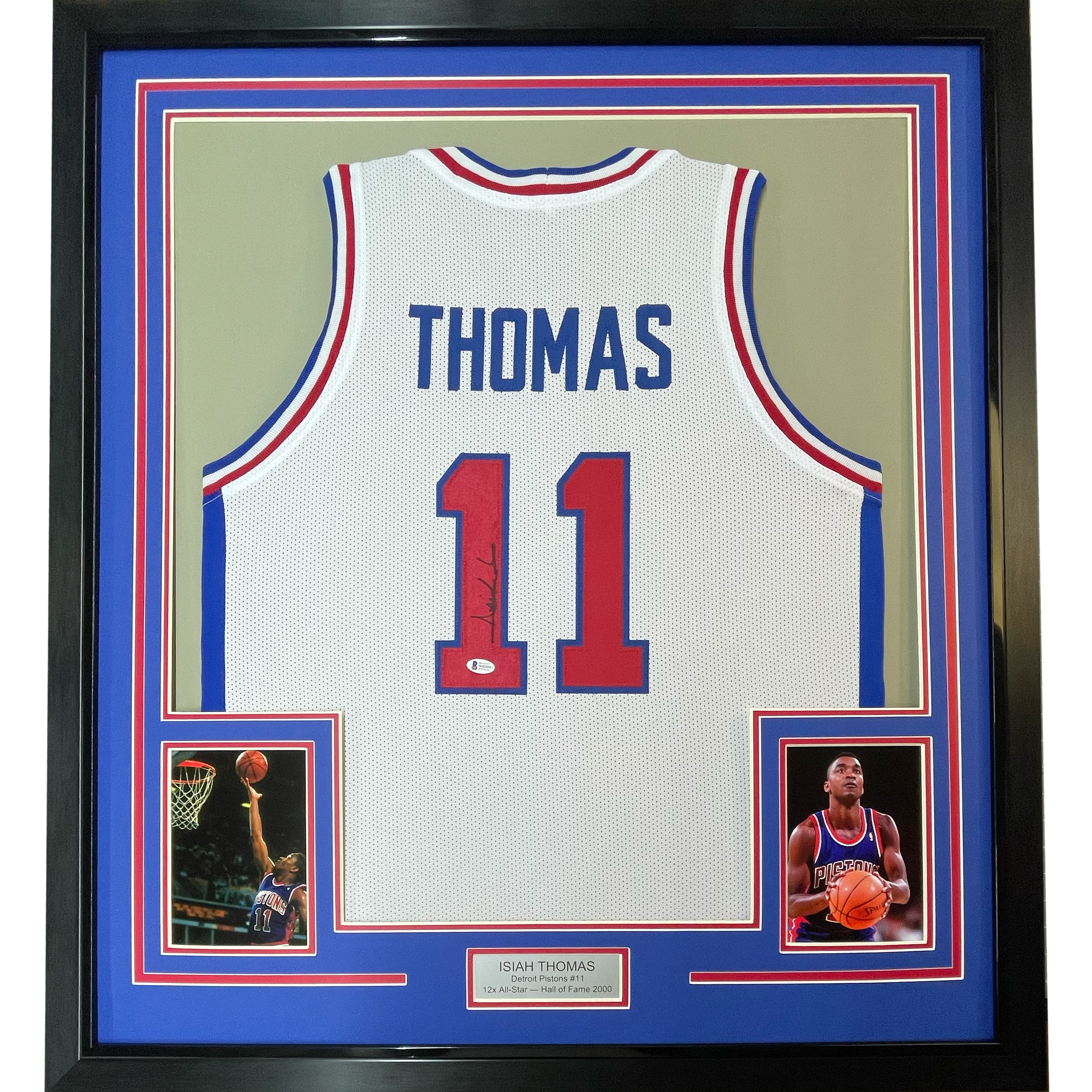 Framed Autographed/Signed Isiah Thomas 35x39 Detroit White Basketball Jersey Beckett BAS COA