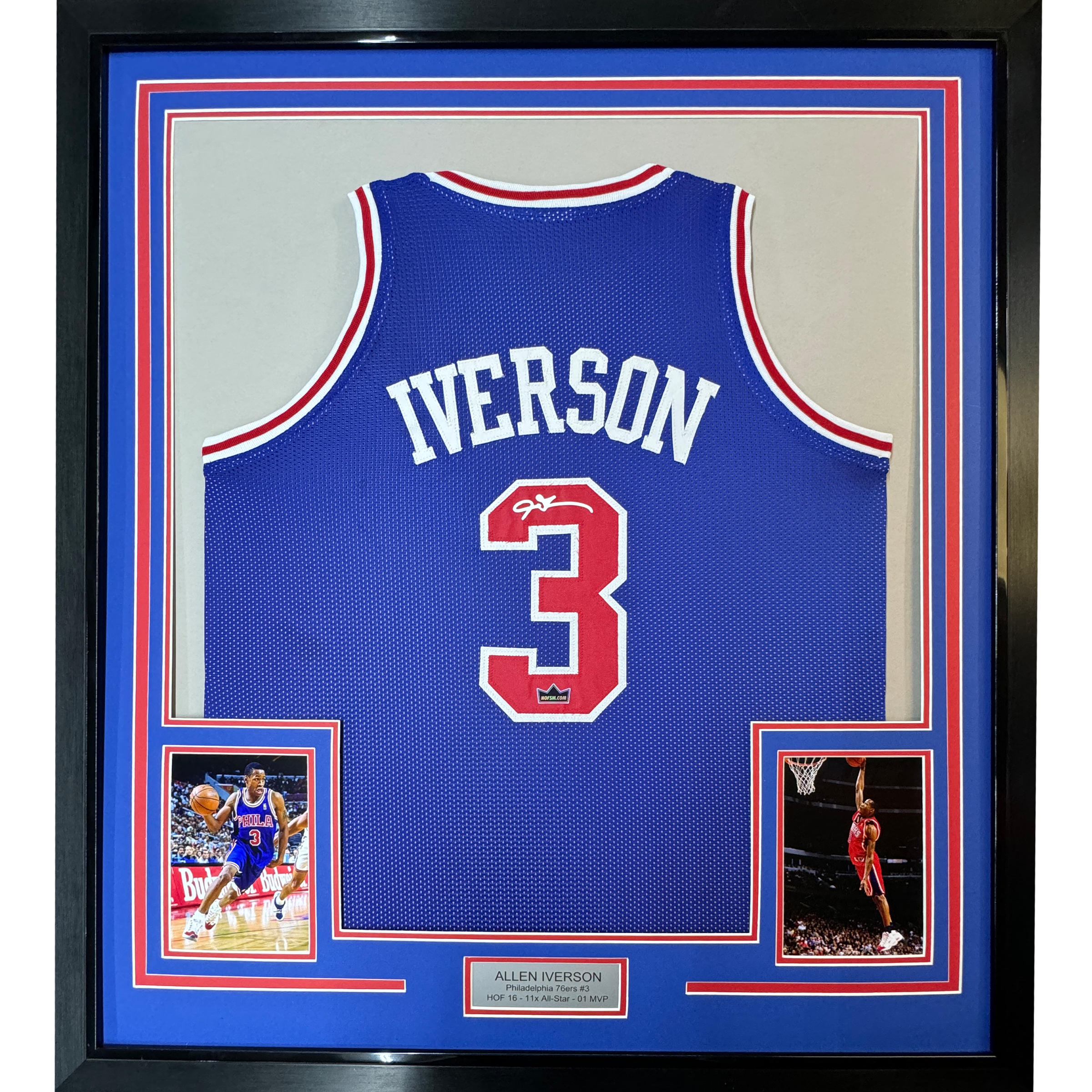 Framed Facsimile Autographed Allen Iverson 35x39 Philadelphia Blue Reprint Laser Auto Basketball Jersey