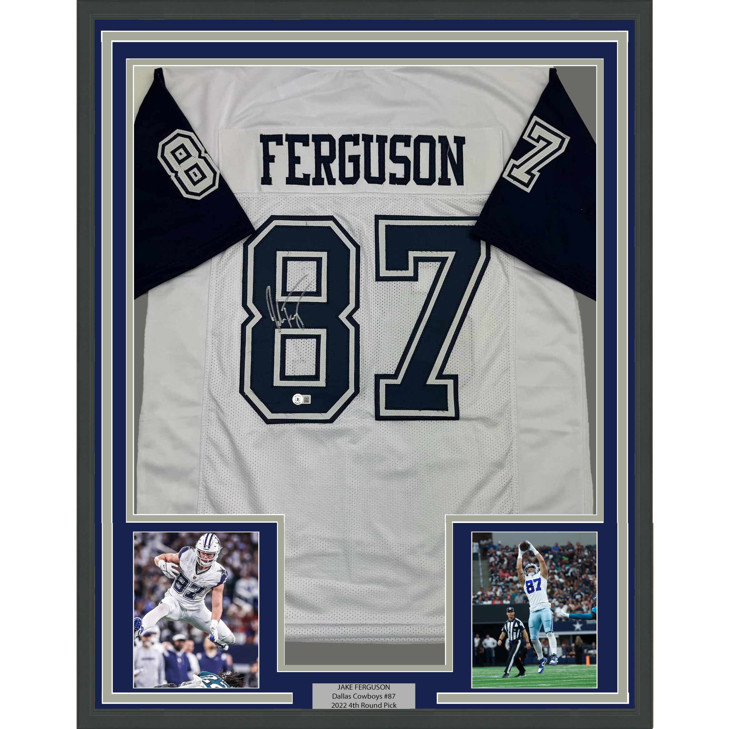 Framed Autographed/Signed Jake Ferguson 35x39 Dallas White Color Rush Football Jersey Beckett BAS COA