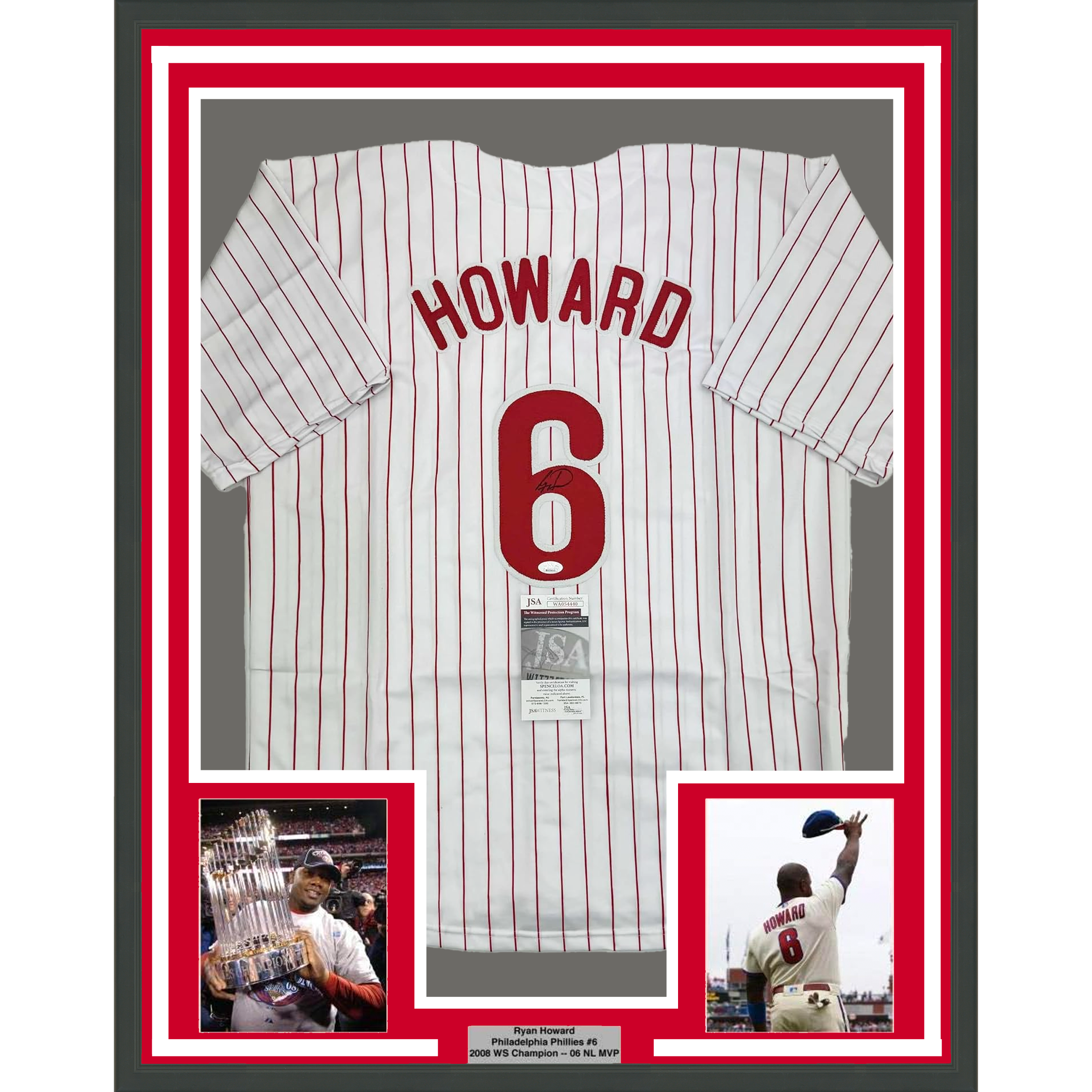 Framed Autographed/Signed Ryan Howard 35x39 Philadelphia Pinstripe Baseball Jersey JSA COA