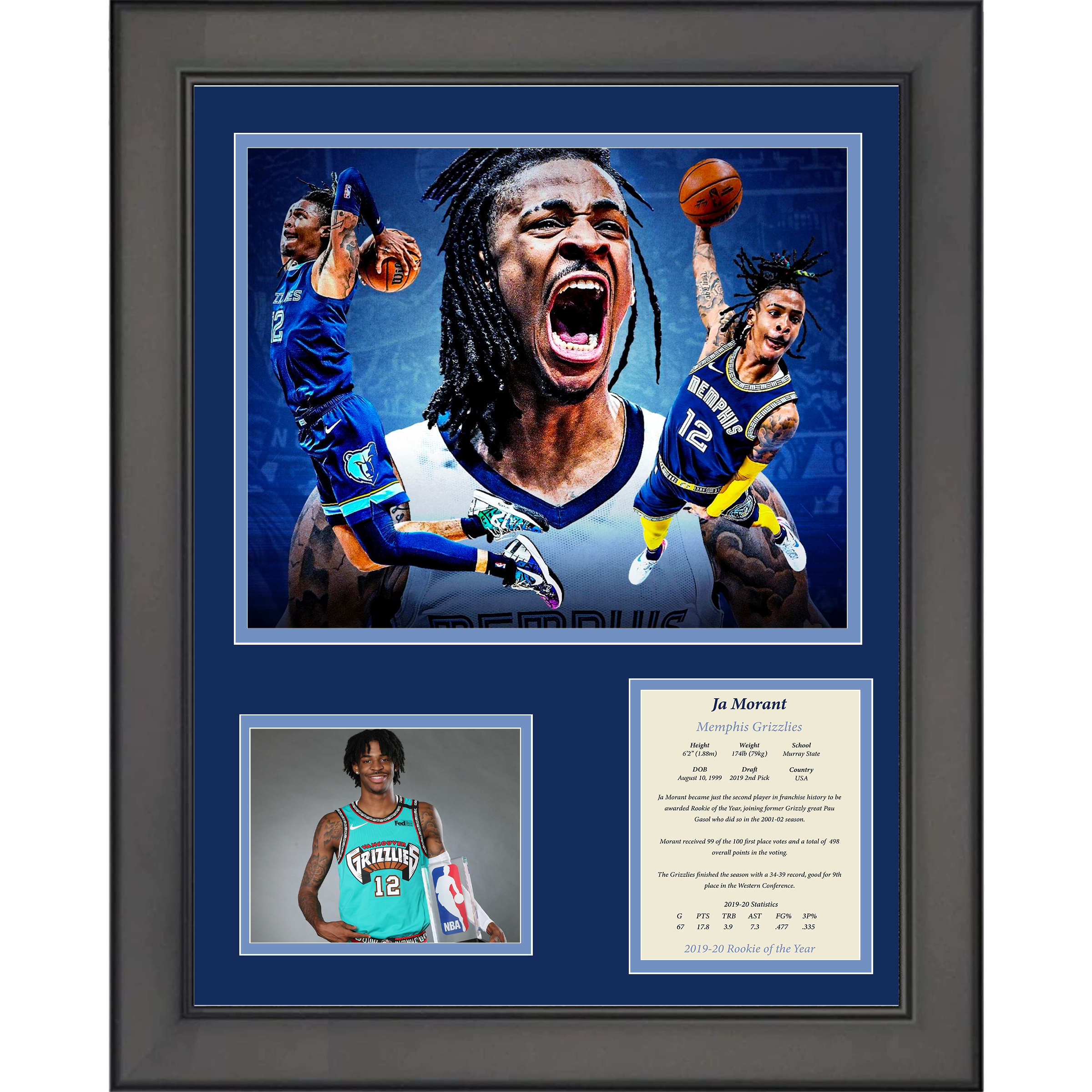 Framed Ja Morant 2019-20 Rookie of the Year Memphis Grizzlies Basketball 11"x14" Three Photo Collage