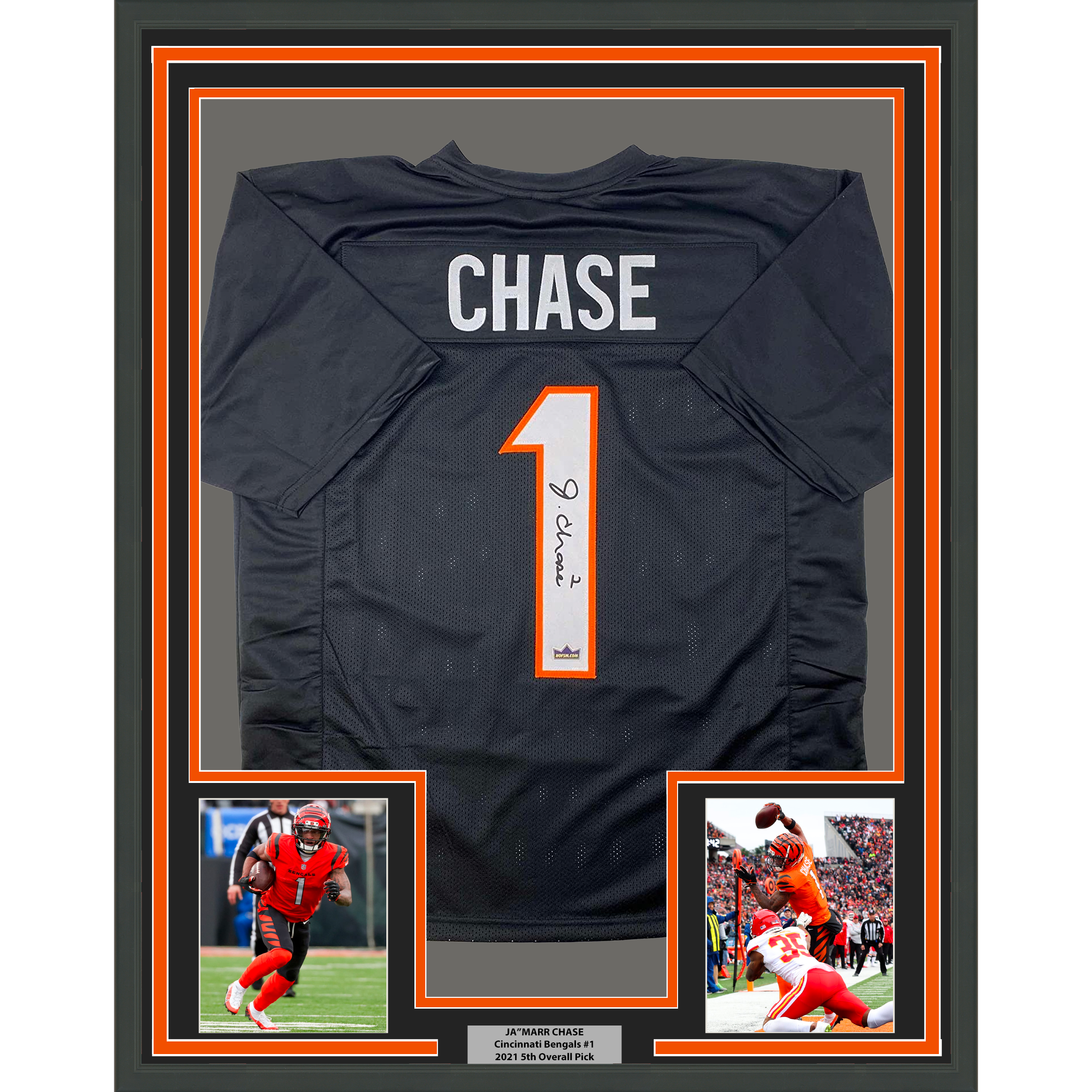 Framed Facsimile Autographed Ja'Marr Chase 35x39 Cincinnati Black Reprint Laser Auto Football Jersey Size Men's XL
