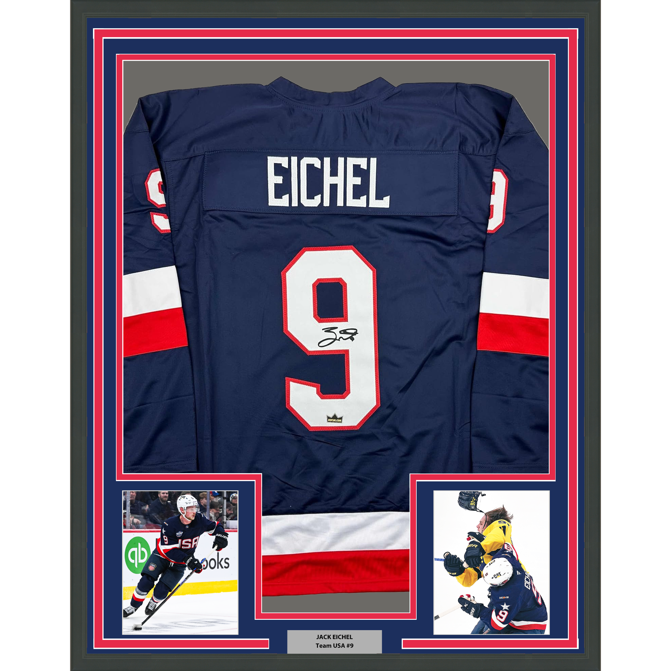 Framed Facsimile Autographed Jack Eichel 35x39 United States USA Blue 2025 4 Nations Face-Off Reprint Laser Auto Hockey Jersey