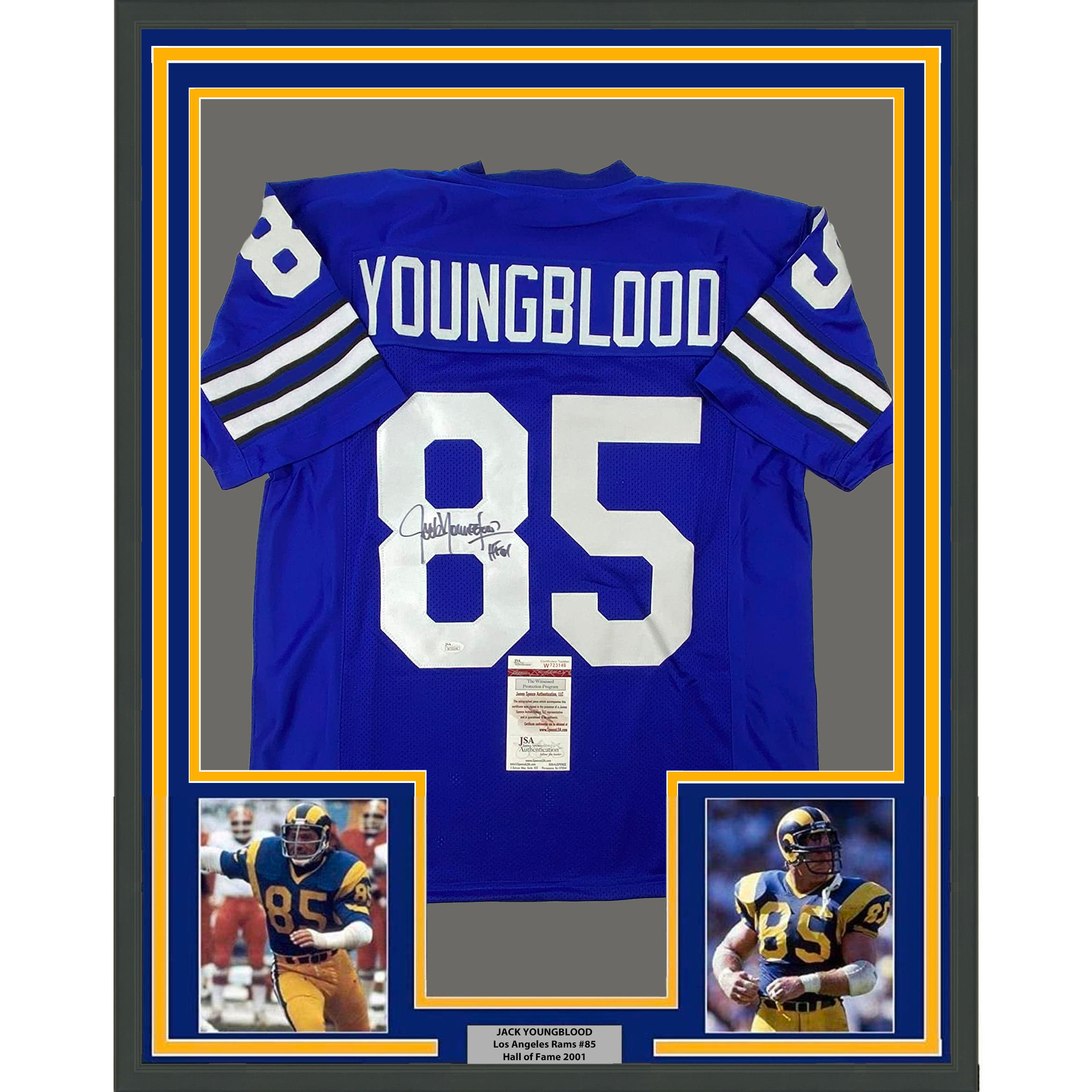 Framed Autographed/Signed Jack Youngblood 35x39 HOF 01 Los Angeles LA Blue/White Football Jersey JSA COA