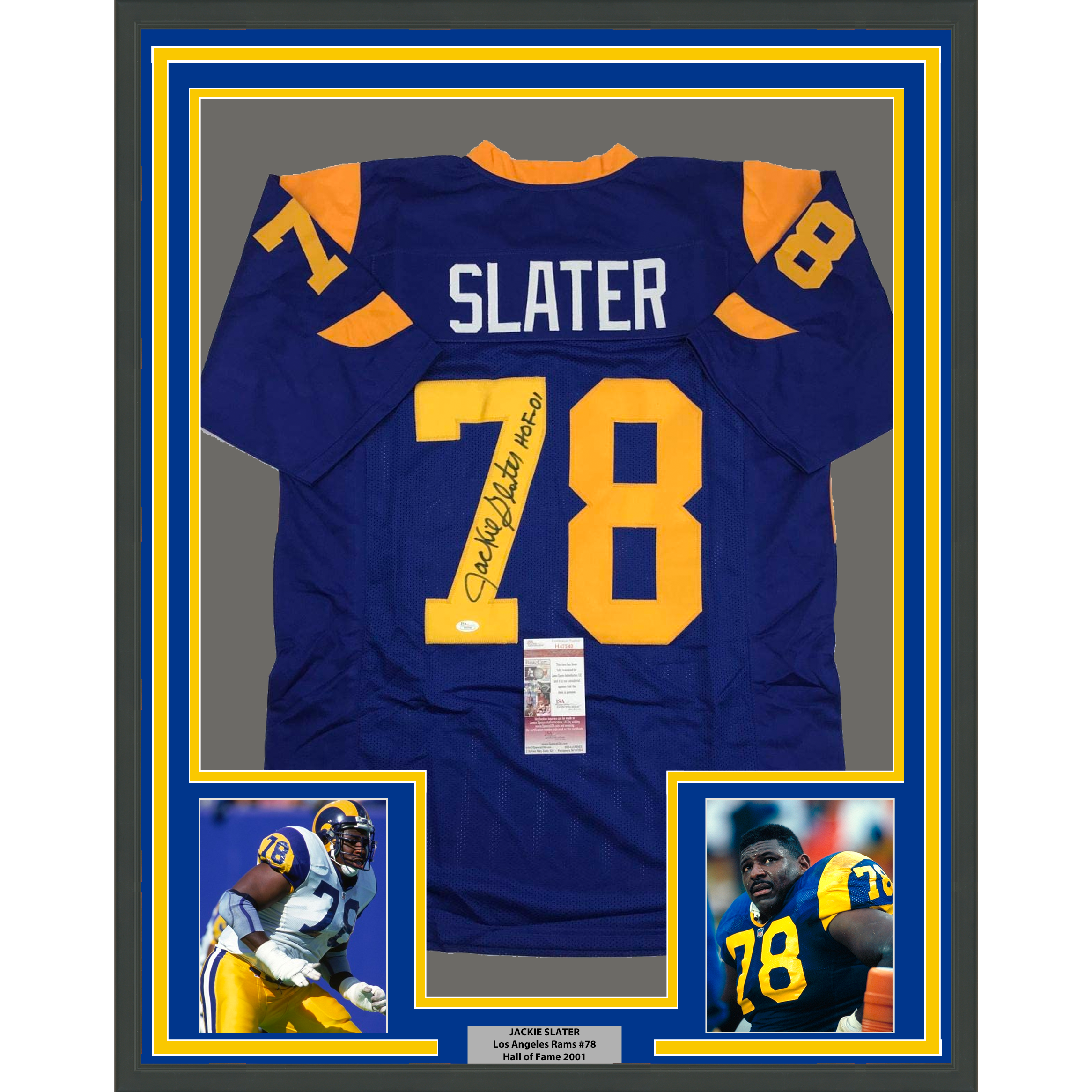 Framed Autographed/Signed Jackie Slater 35x39 HOF 01 Los Angeles LA Retro Blue Football Jersey JSA COA
