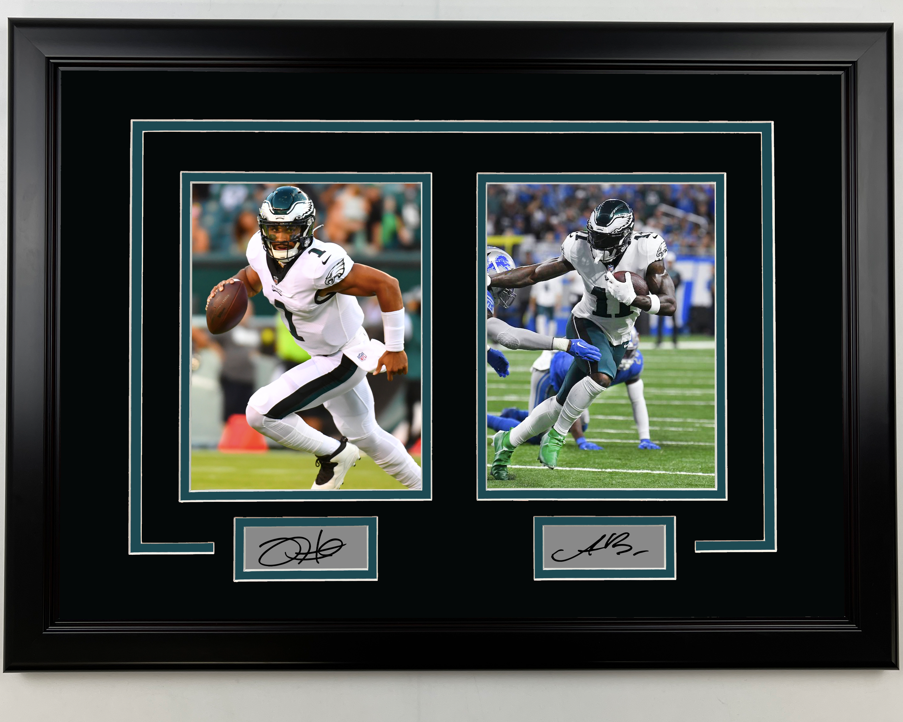 Framed Jalen Hurts and AJ A.J. Brown Philadelphia Eagles Facsimile Laser Engraved Auto 17x23 Dual Football Photo