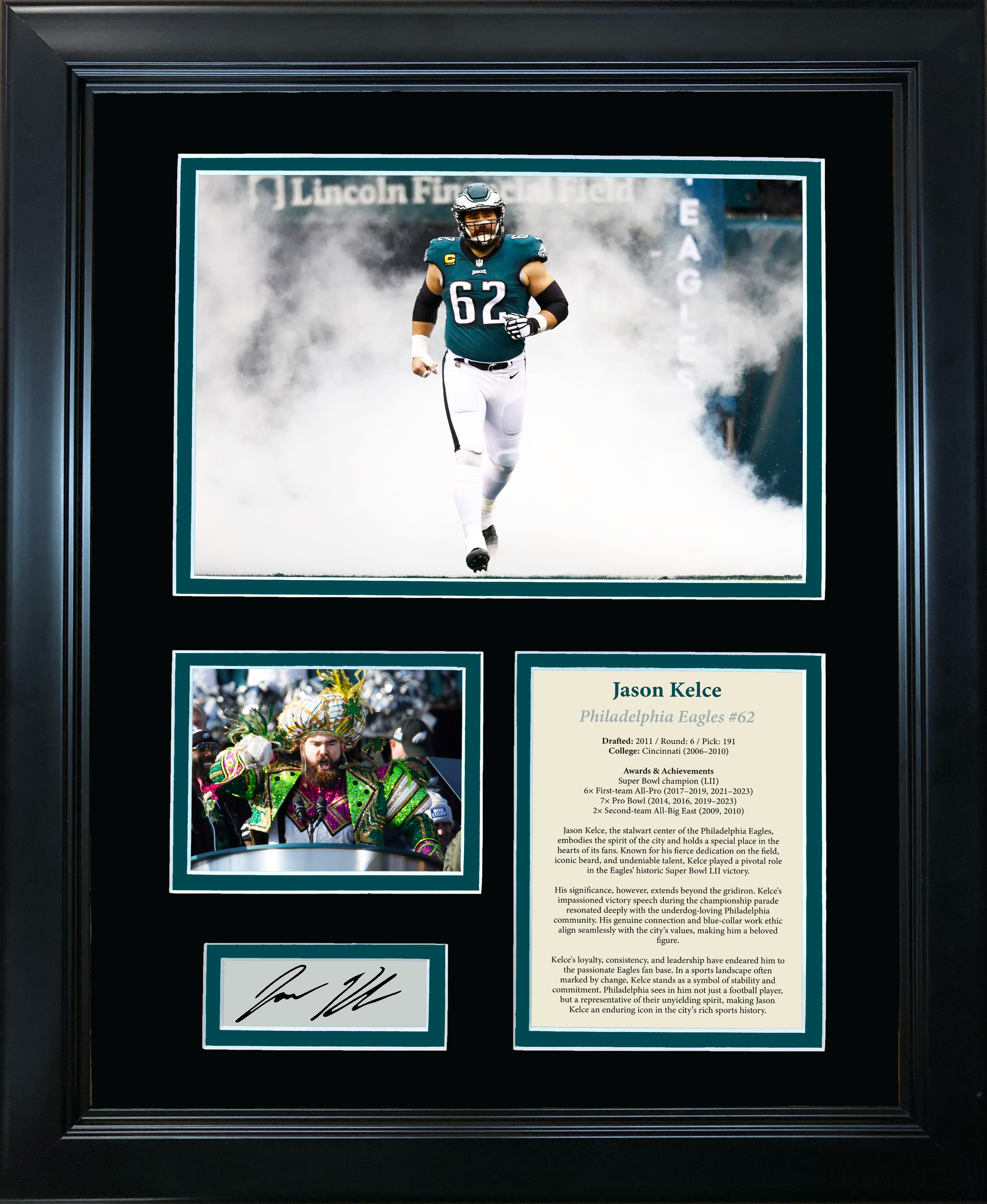 Framed Jason Kelce Philadelphia Eagles Facsimile Laser Engraved Signature Auto Football 11"x14" Photo Sig Collage