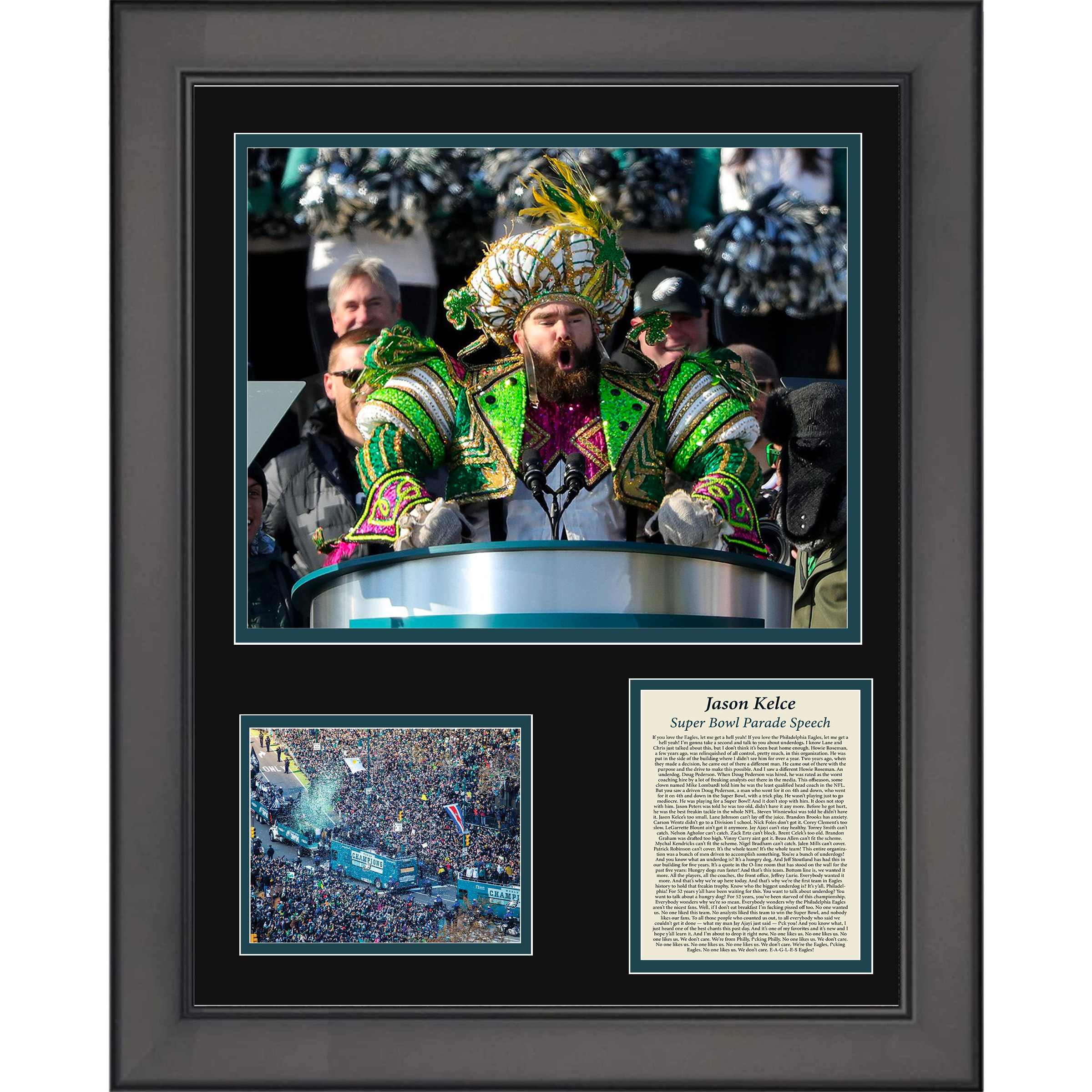 Framed Jason Kelce Parade Speech Transcript Philadelphia Eagles Super Bowl LII Football 11"x14" Three Photo Collage