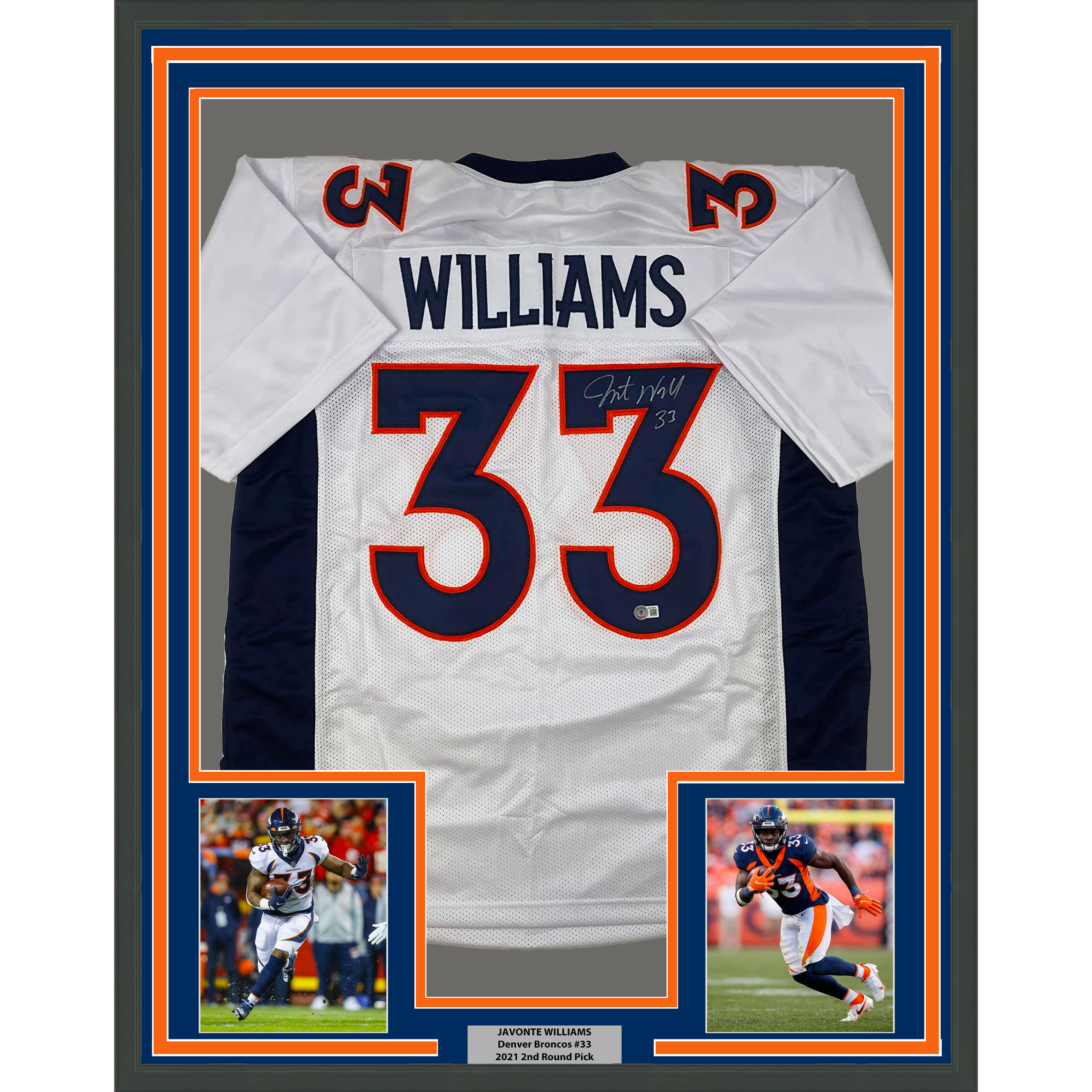 Framed Autographed/Signed Javonte Williams 35x39 Denver White Football Jersey Beckett BAS COA