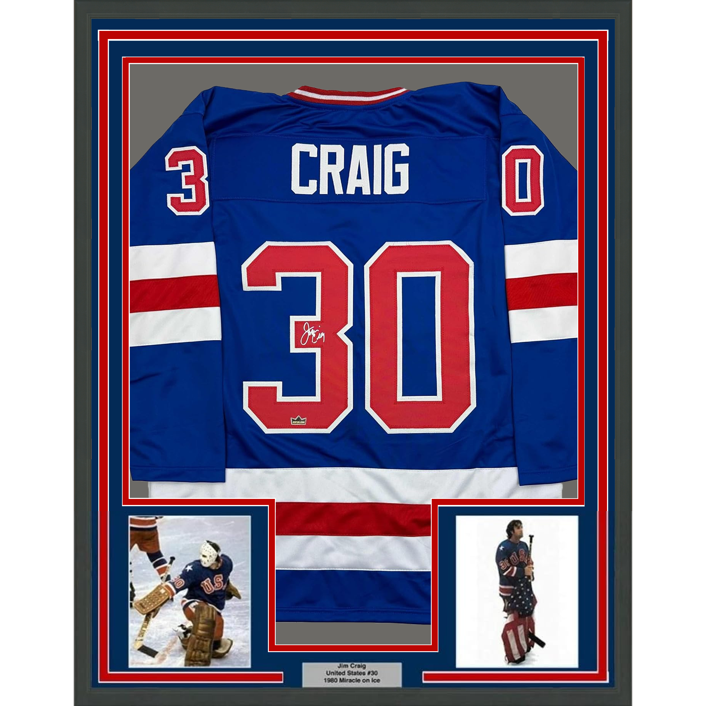 Framed Facsimile Autographed Jim Craig 35x39 United States USA Blue 1980 Miracle on Ice Reprint Laser Auto Hockey Jersey