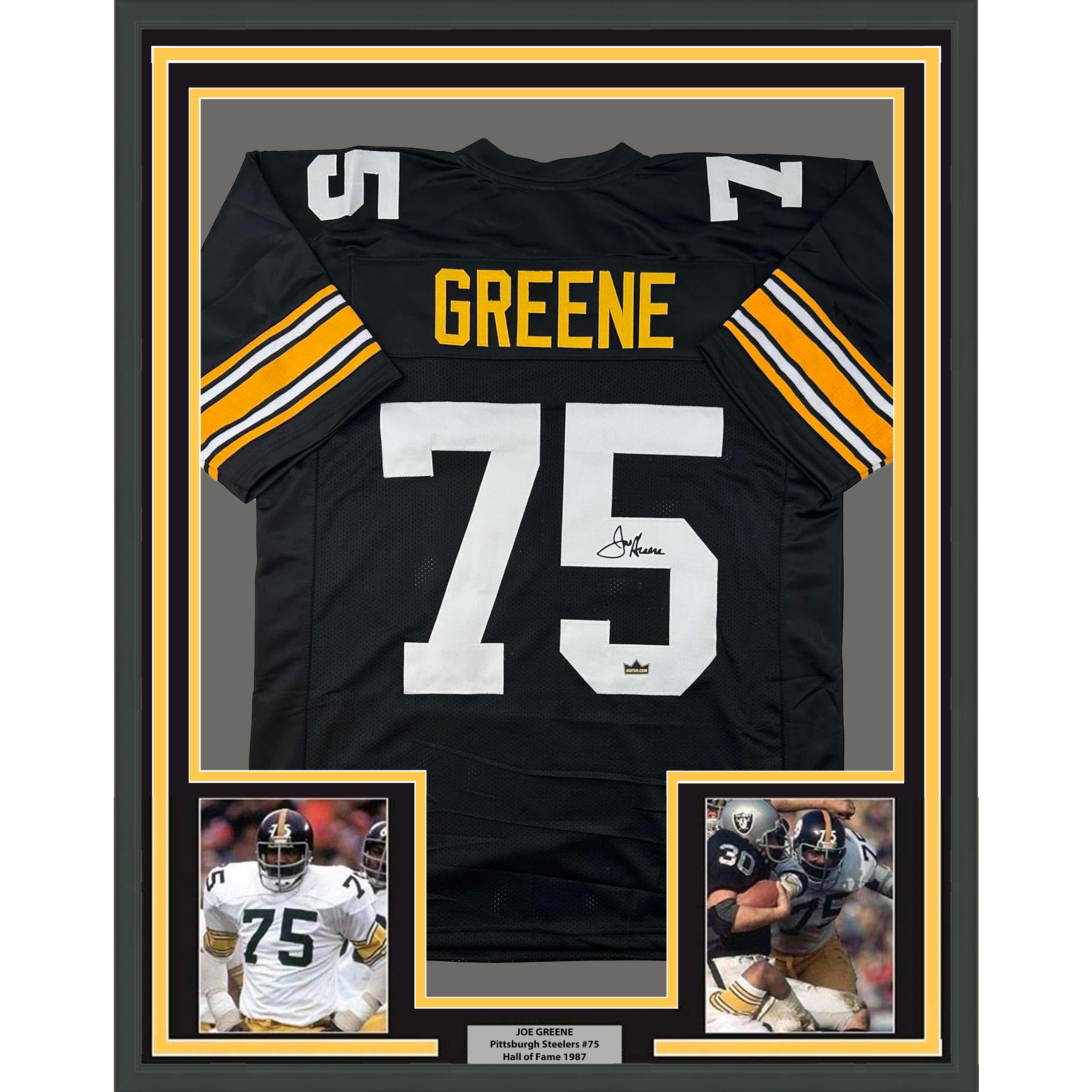 Framed Facsimile Autographed Mean Joe Greene 35x39 Pittsburgh Black Reprint Laser Auto Football Jersey