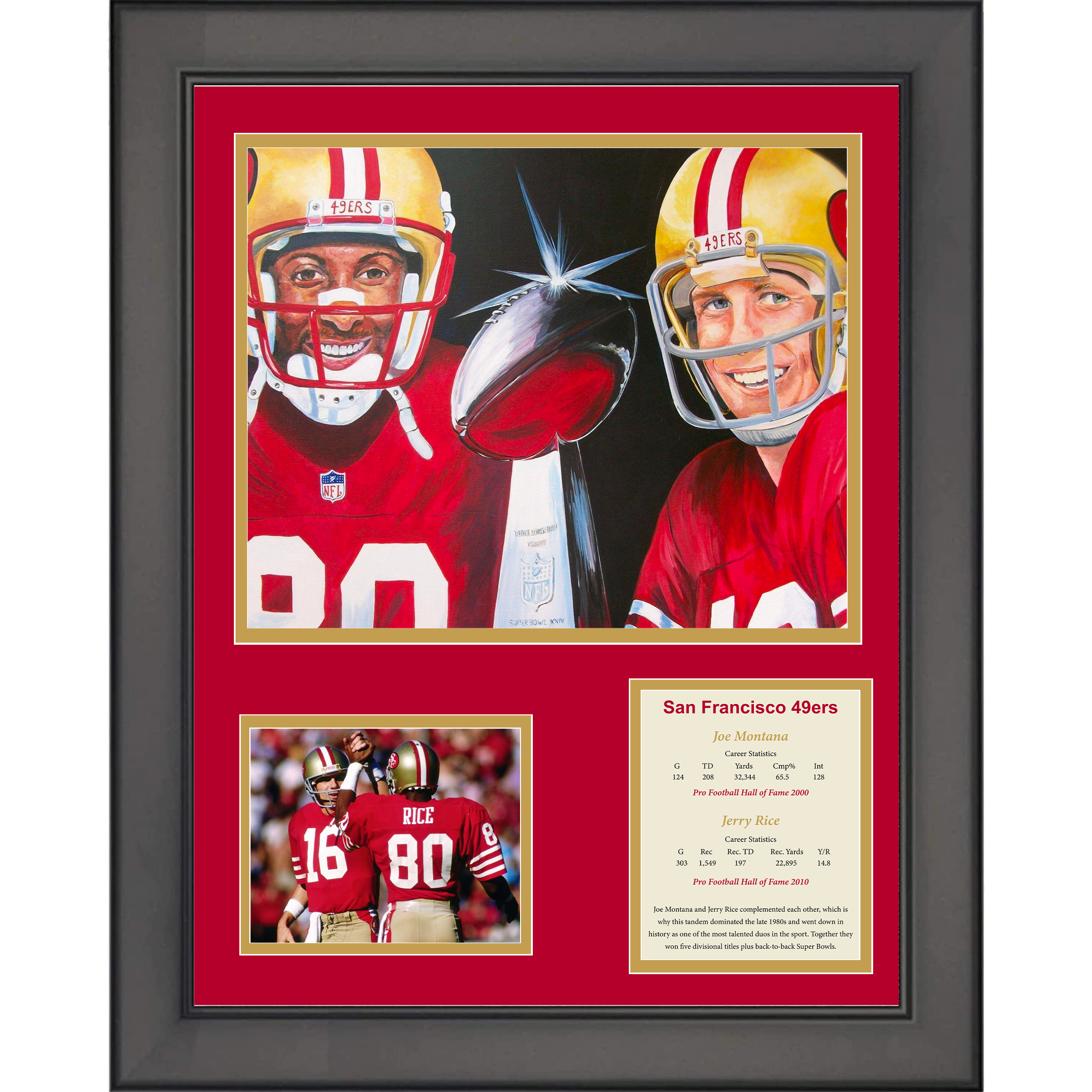 Framed Joe Montana and Jerry Rice San Francisco 49ers Football 11"x14" Three Photo Collage