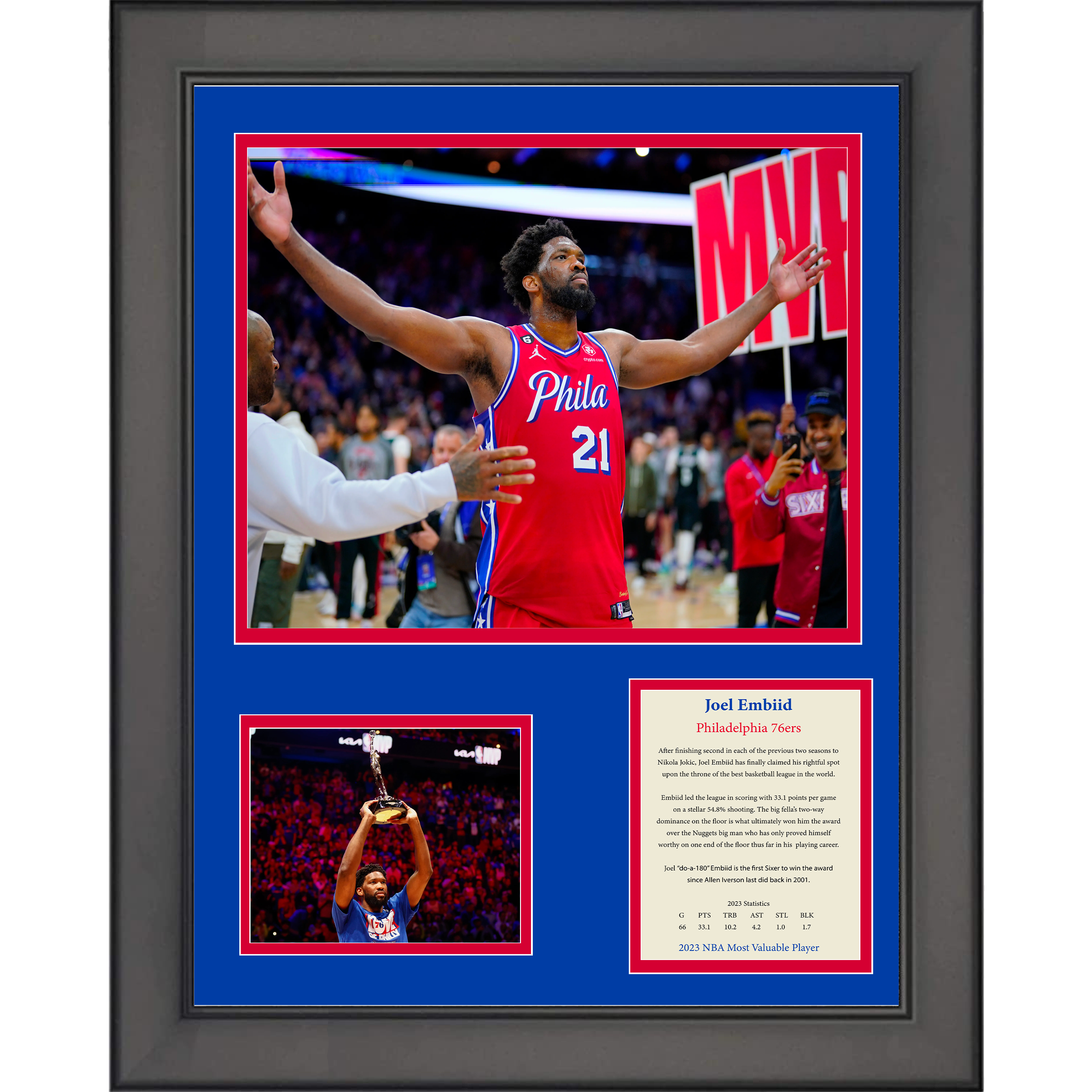 Framed Joel Embiid 2023 NBA MVP Most Valuable Player Philadelphia 76ers Basketball 11"x14" Three Photo Collage