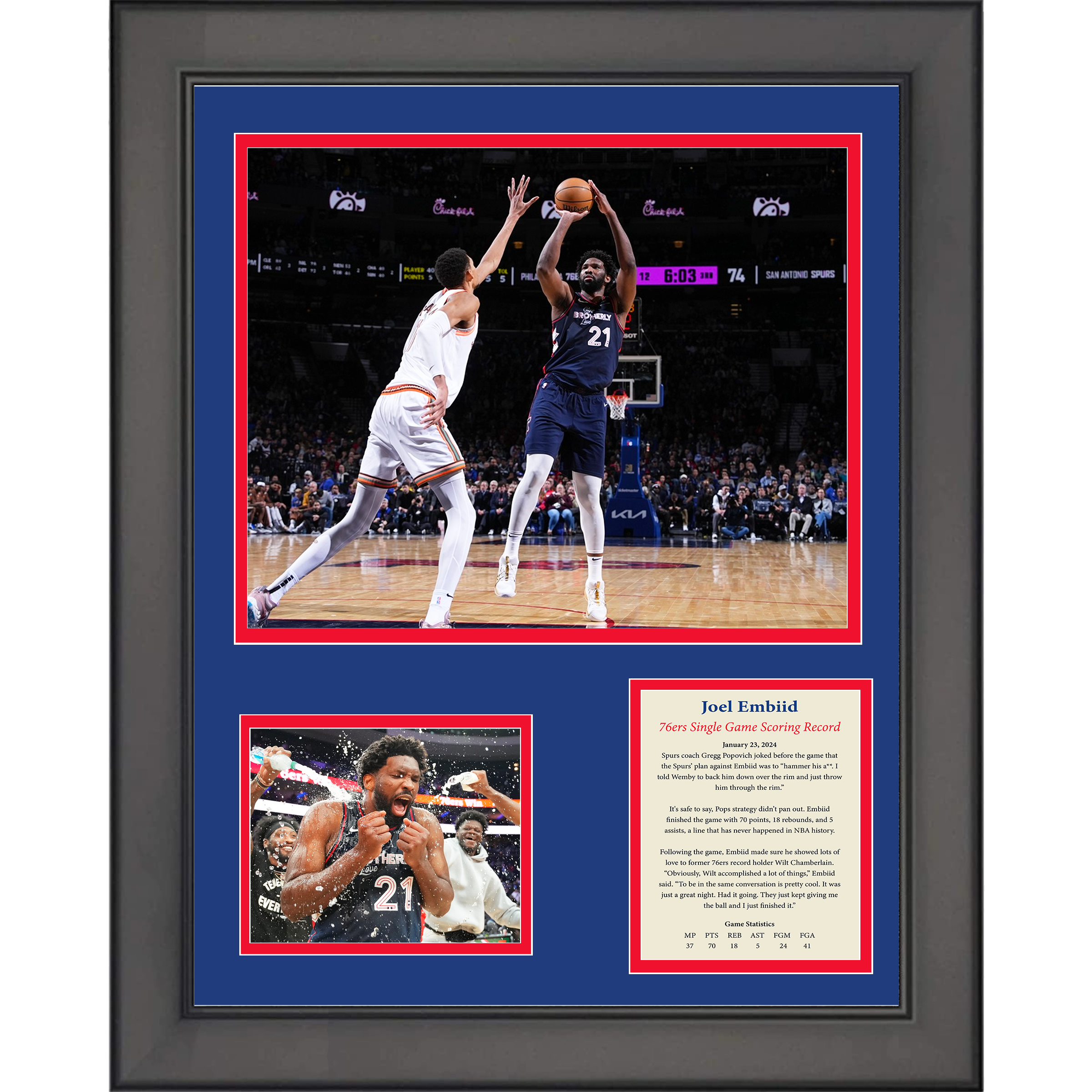 Framed Joel Embiid 70 Point Game Philadelphia 76ers Record Basketball 11"x14" Three Photo Collage