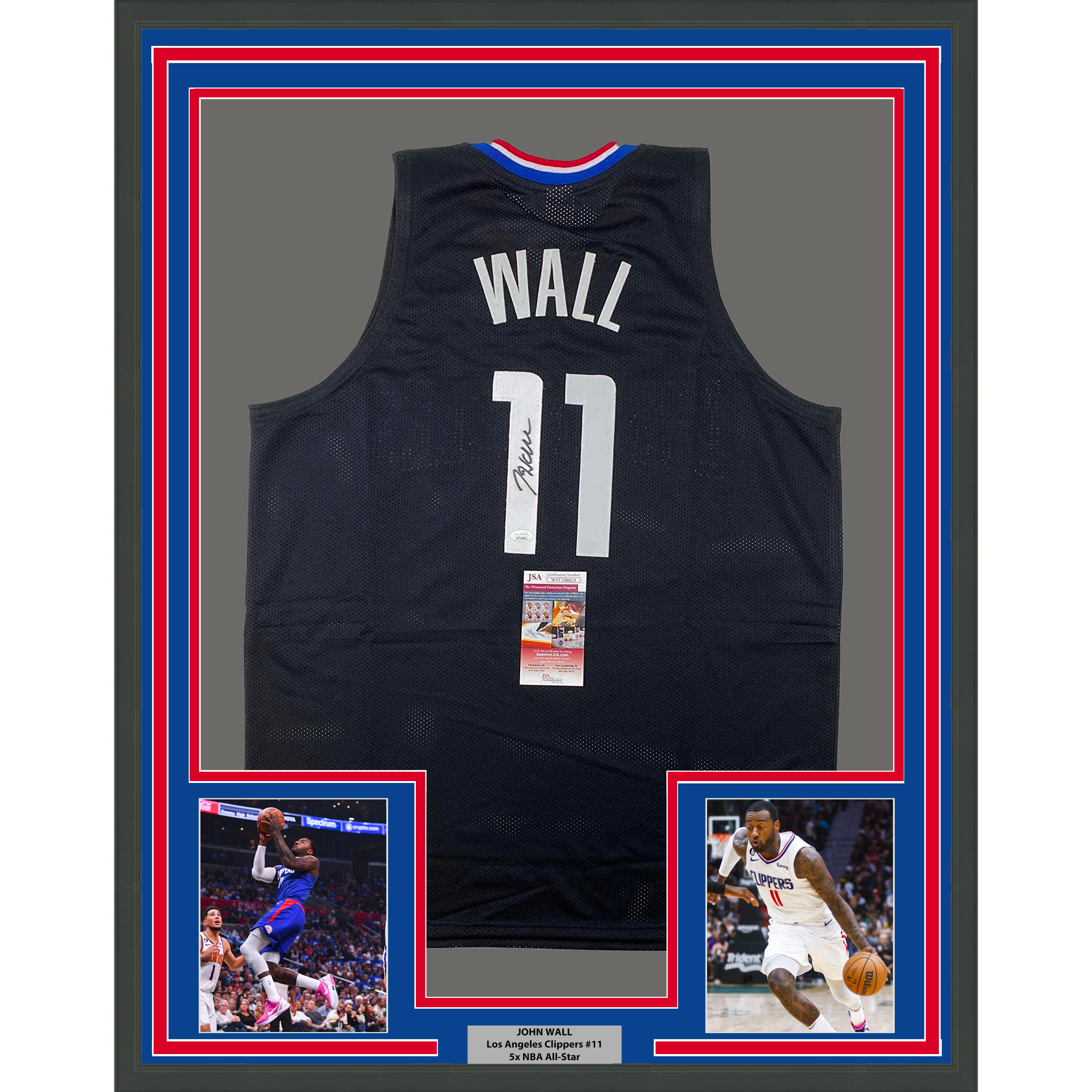 Framed Autographed/Signed John Wall 35x39 Los Angeles Black Basketball Jersey JSA COA