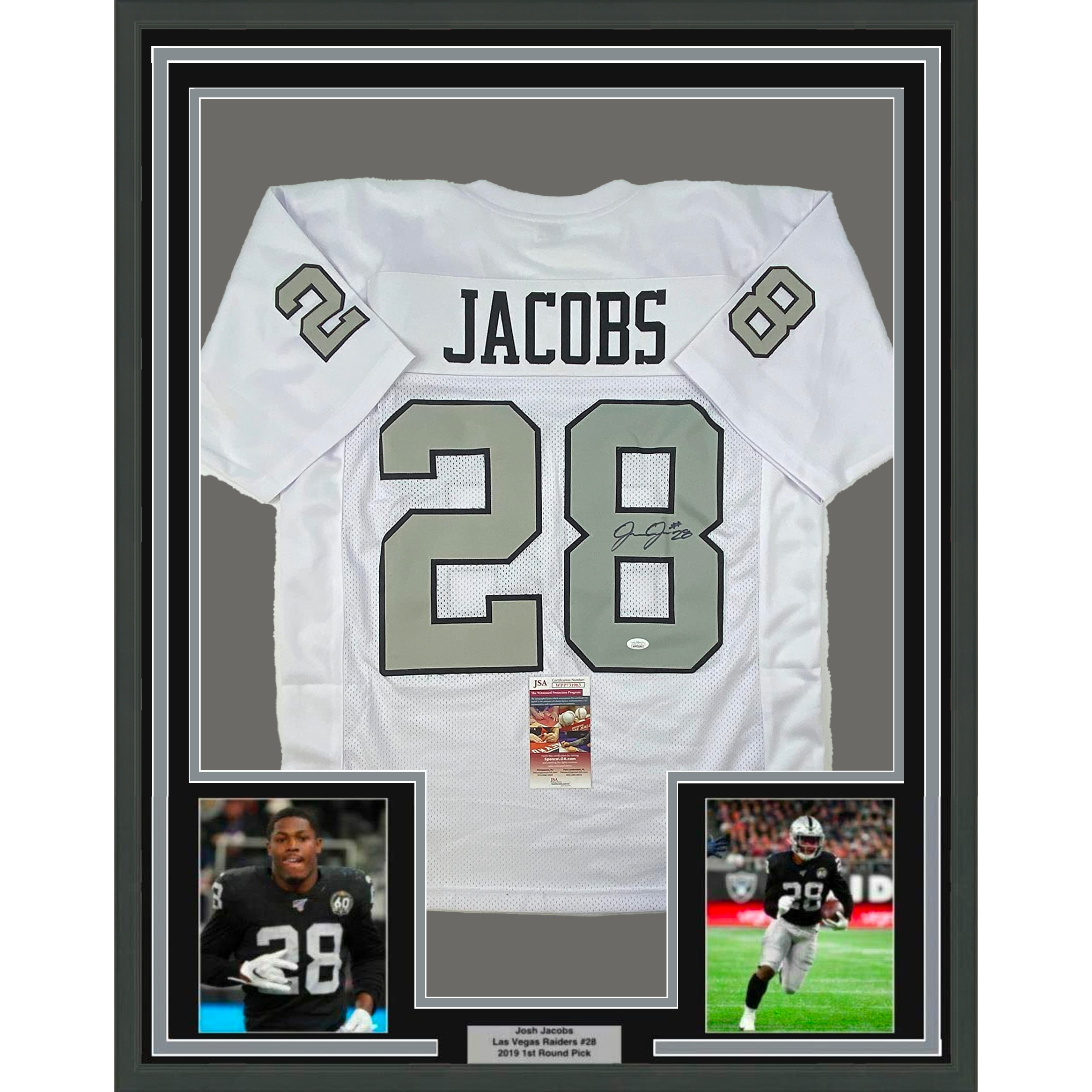 Framed Autographed/Signed Josh Jacobs 35x39 Las Vegas Oakland Color Rush Football Jersey Beckett BAS COA