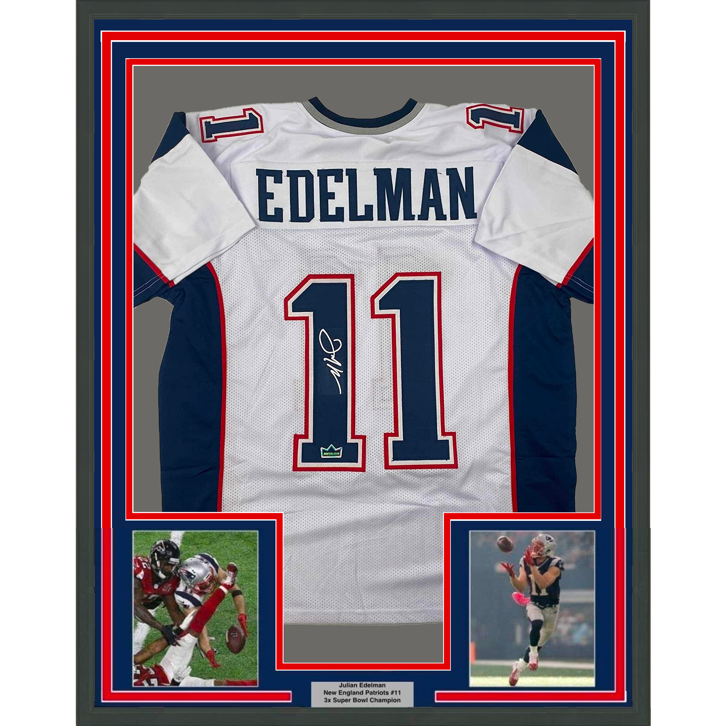 Framed Facsimile Autographed Julian Edelman 35x39 New England White Reprint Laser Auto Football Jersey