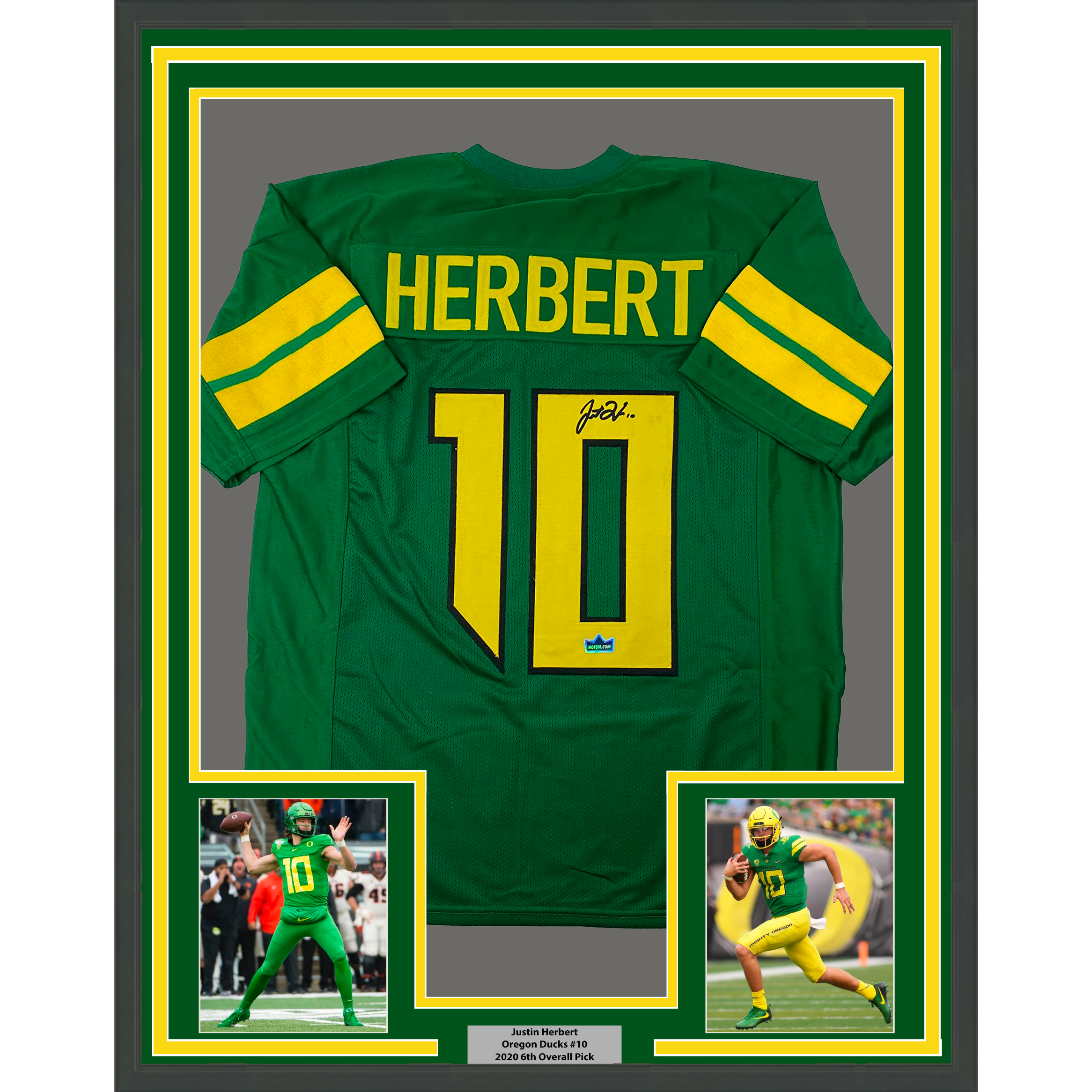 Framed Facsimile Autographed Justin Herbert 35x39 Oregon Green Reprint Laser Auto College Football Jersey Size Men's XL